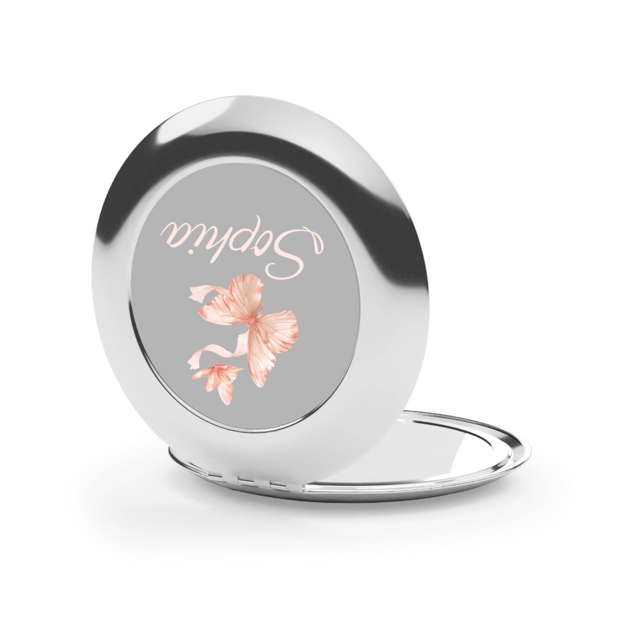 Round silver personalized compact travel mirror with floral design and custom name on lid