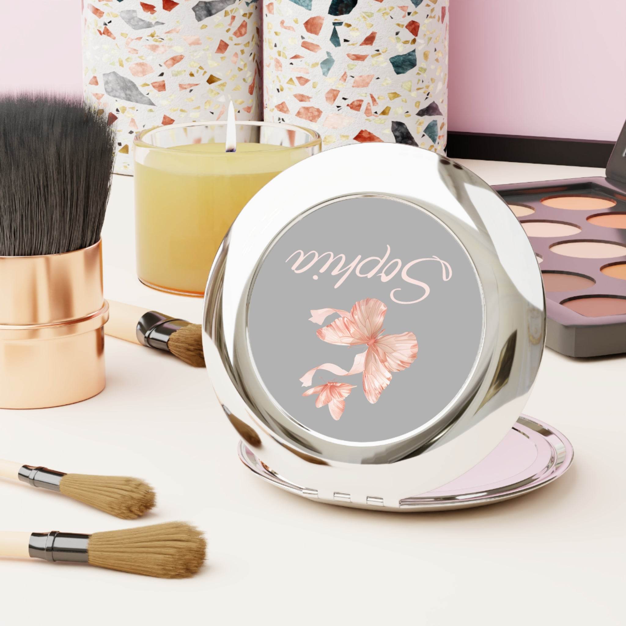 Silver personalized compact travel mirror with floral design and custom name engraving for on the go touch ups