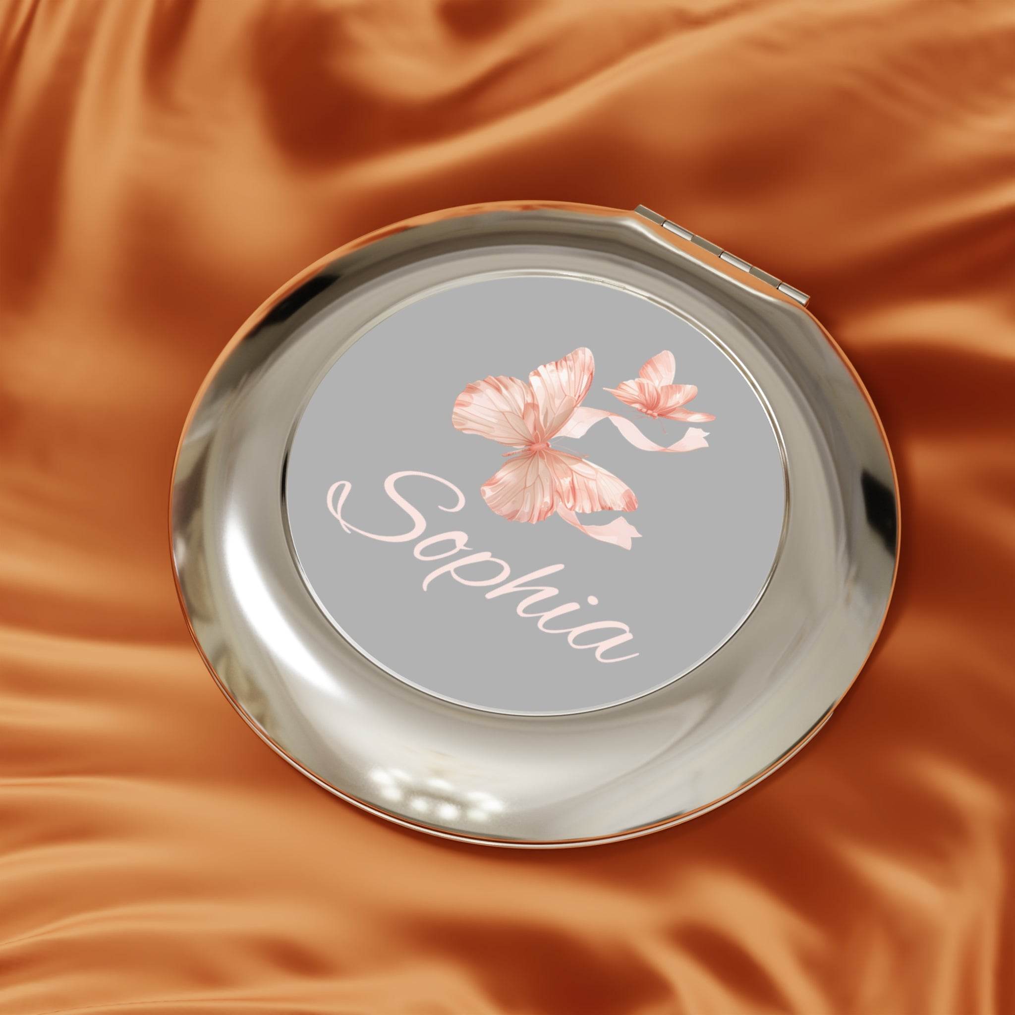 Printify personalized compact travel mirror round silver with pink floral design and name Sophia on satin