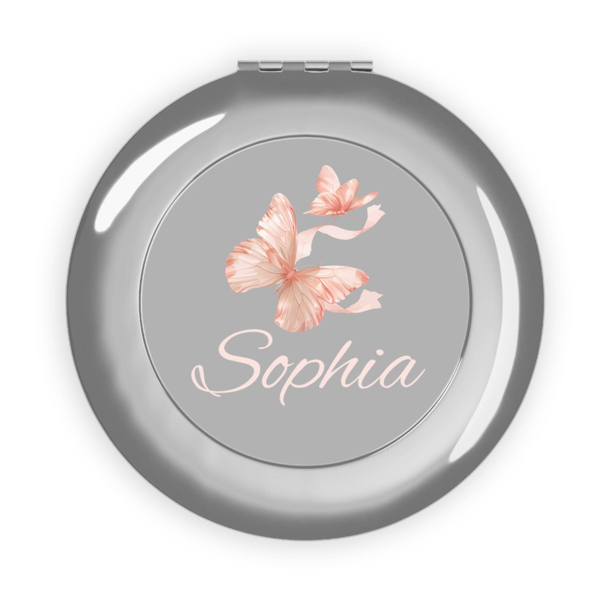 Printify personalized compact travel mirror round silver case gray center pink butterflies and Sophia name in script