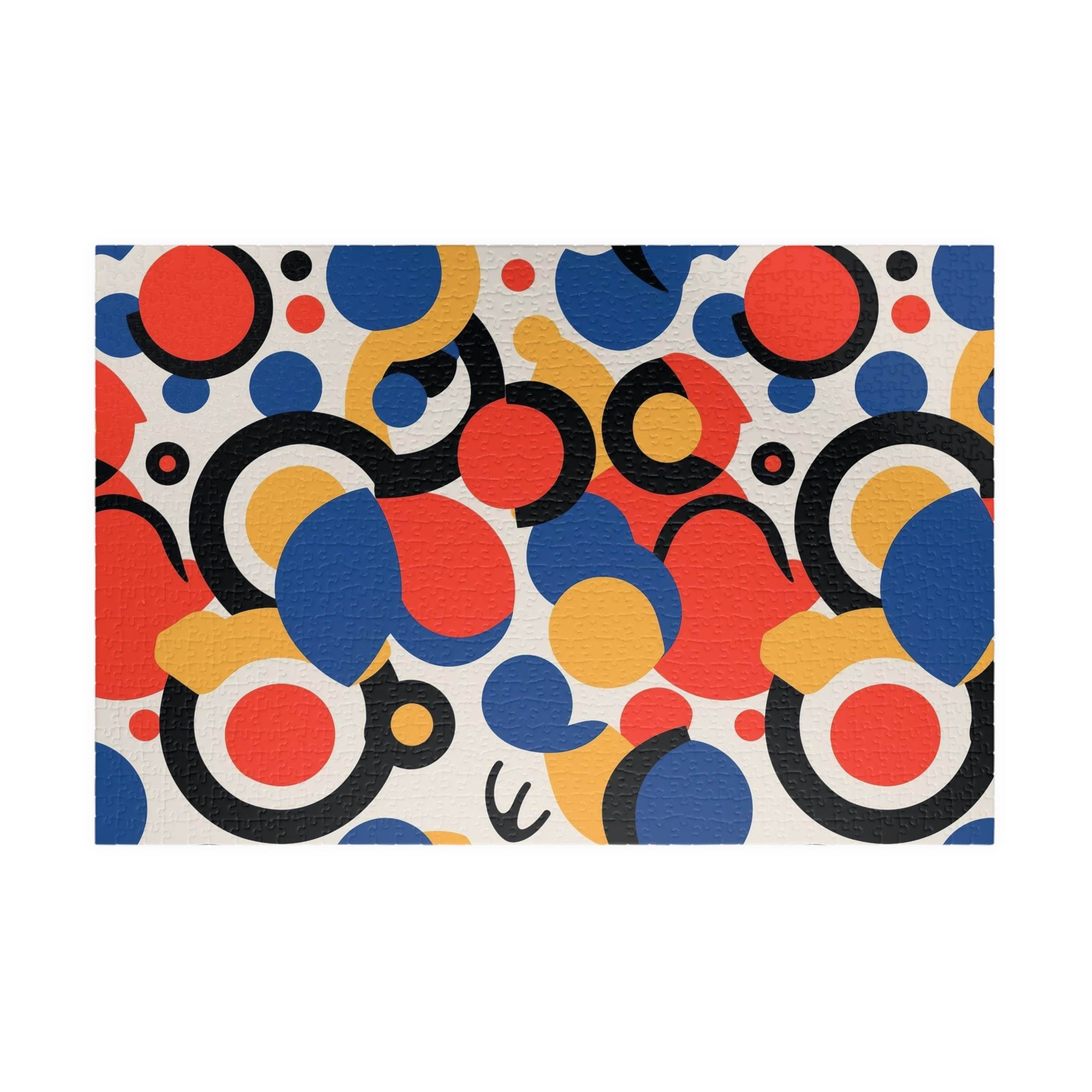 Colorful eco puzzle with abstract red blue yellow and black circular patterns by Printify