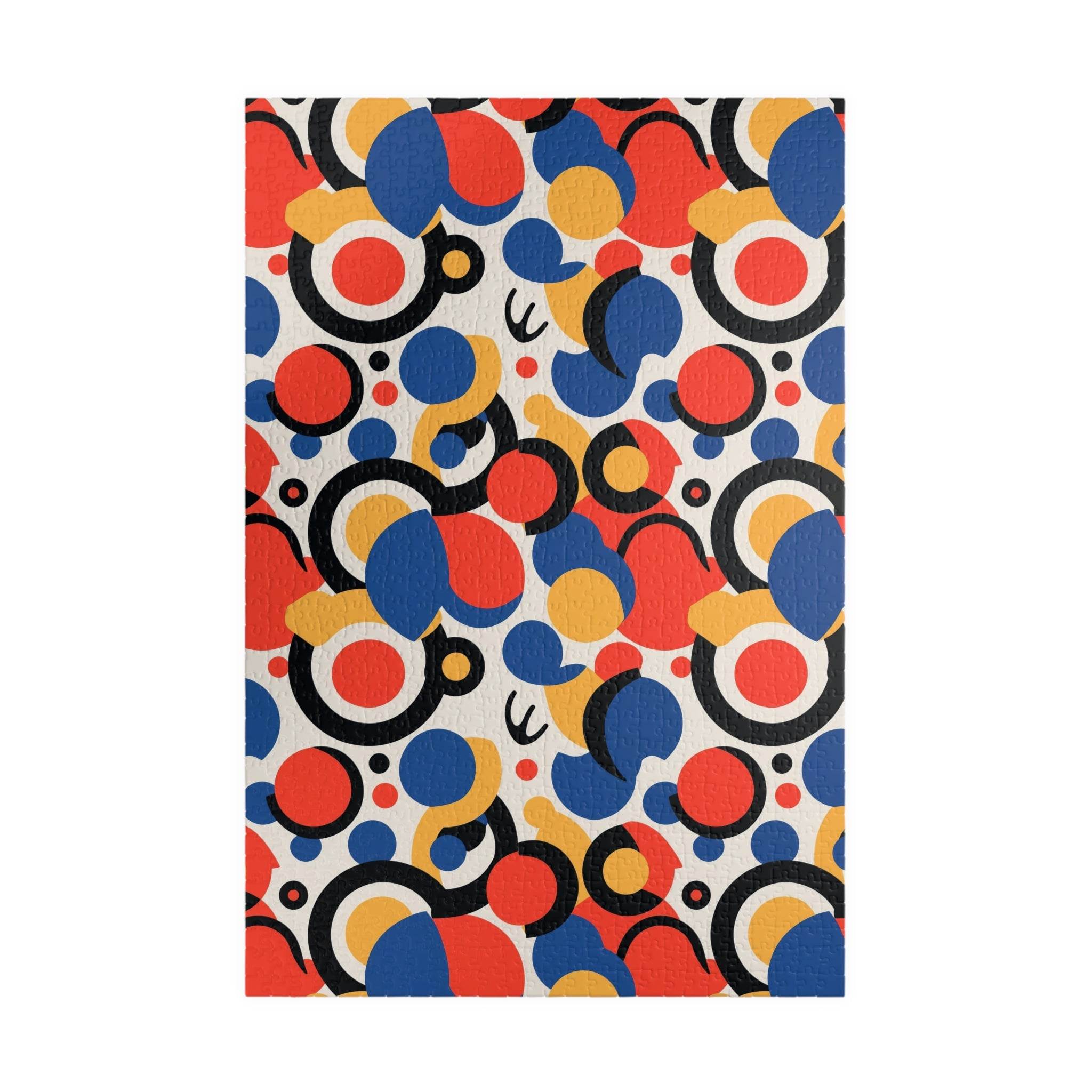 Printify colorful eco puzzle featuring abstract red blue yellow and black shapes on a white background