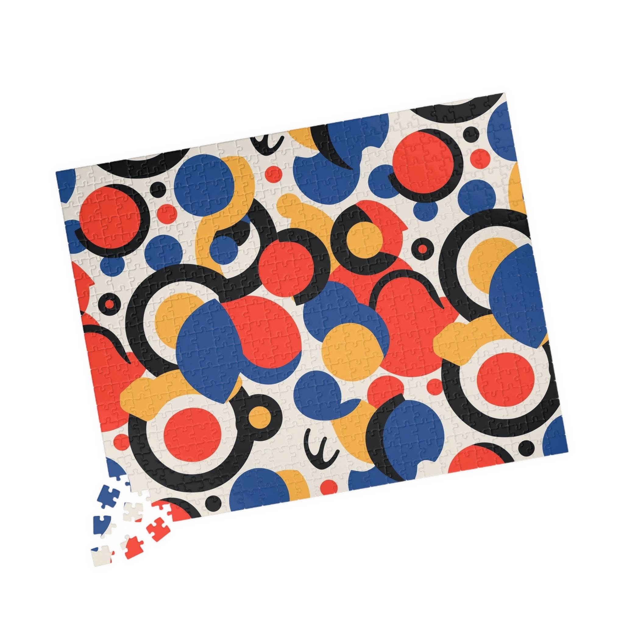 Printify colorful eco puzzle featuring abstract circles and shapes in red blue yellow and black