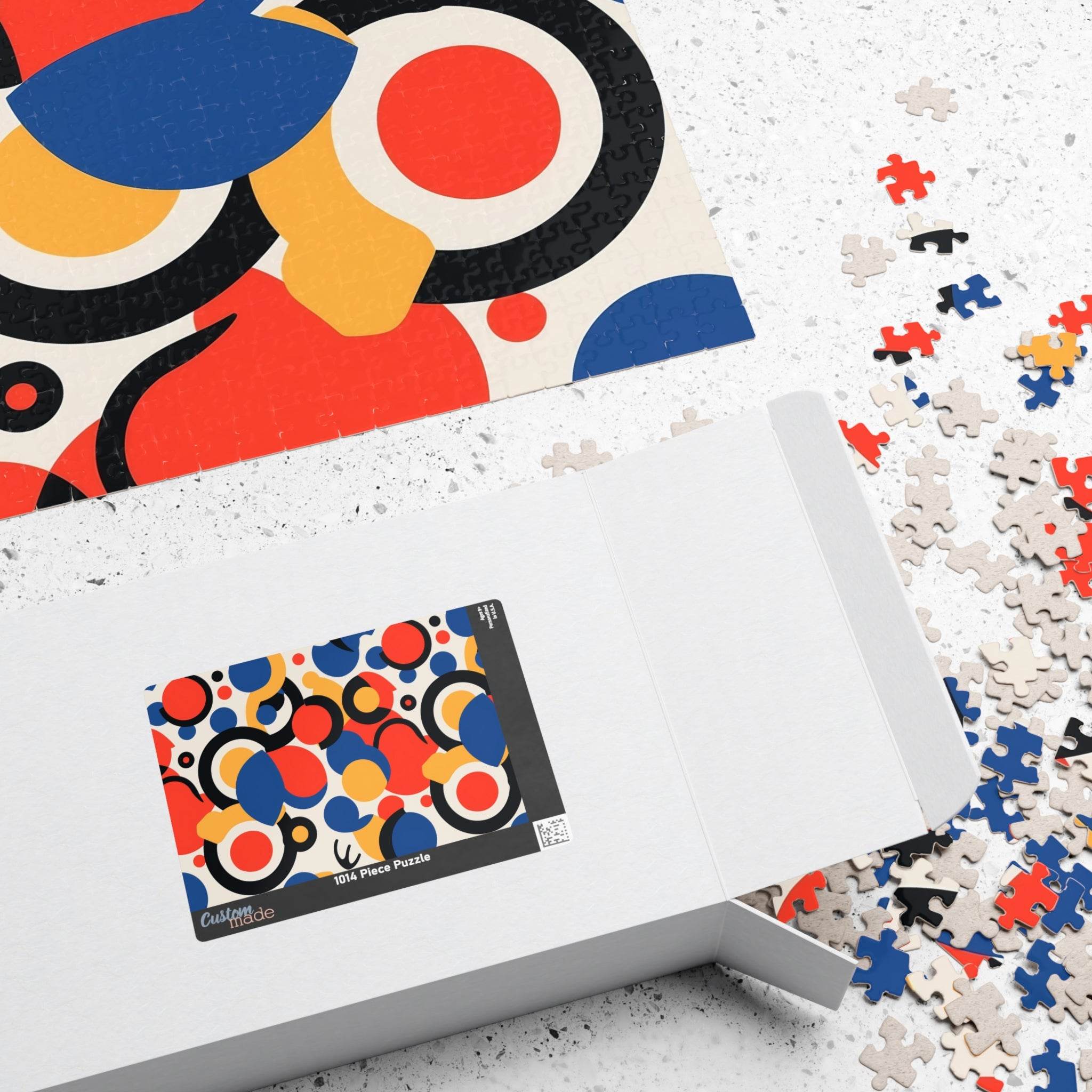 Printify colorful eco puzzle with abstract circle design and scattered puzzle pieces in box
