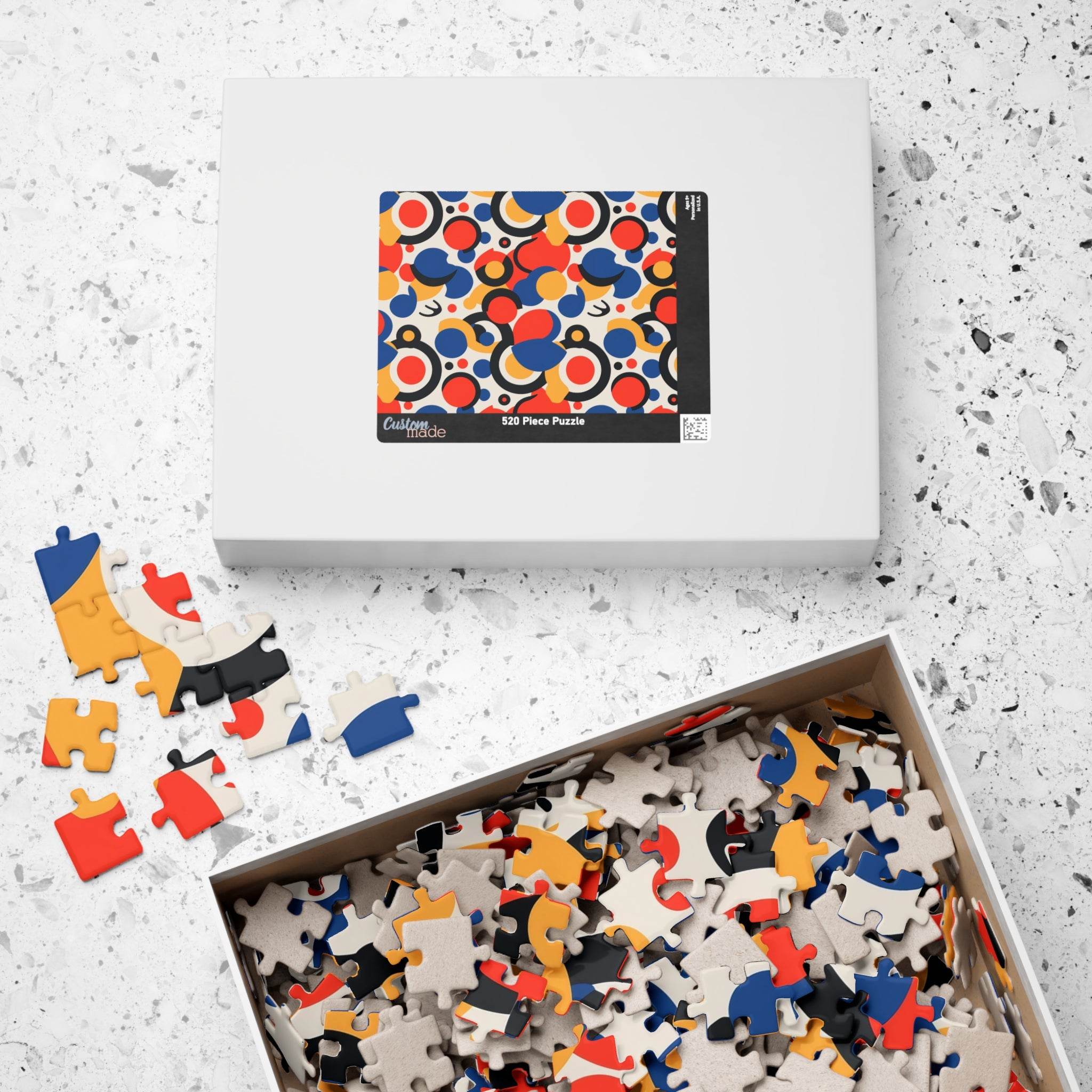 Printify colorful eco puzzle with 520 pieces featuring abstract red blue orange and black shapes