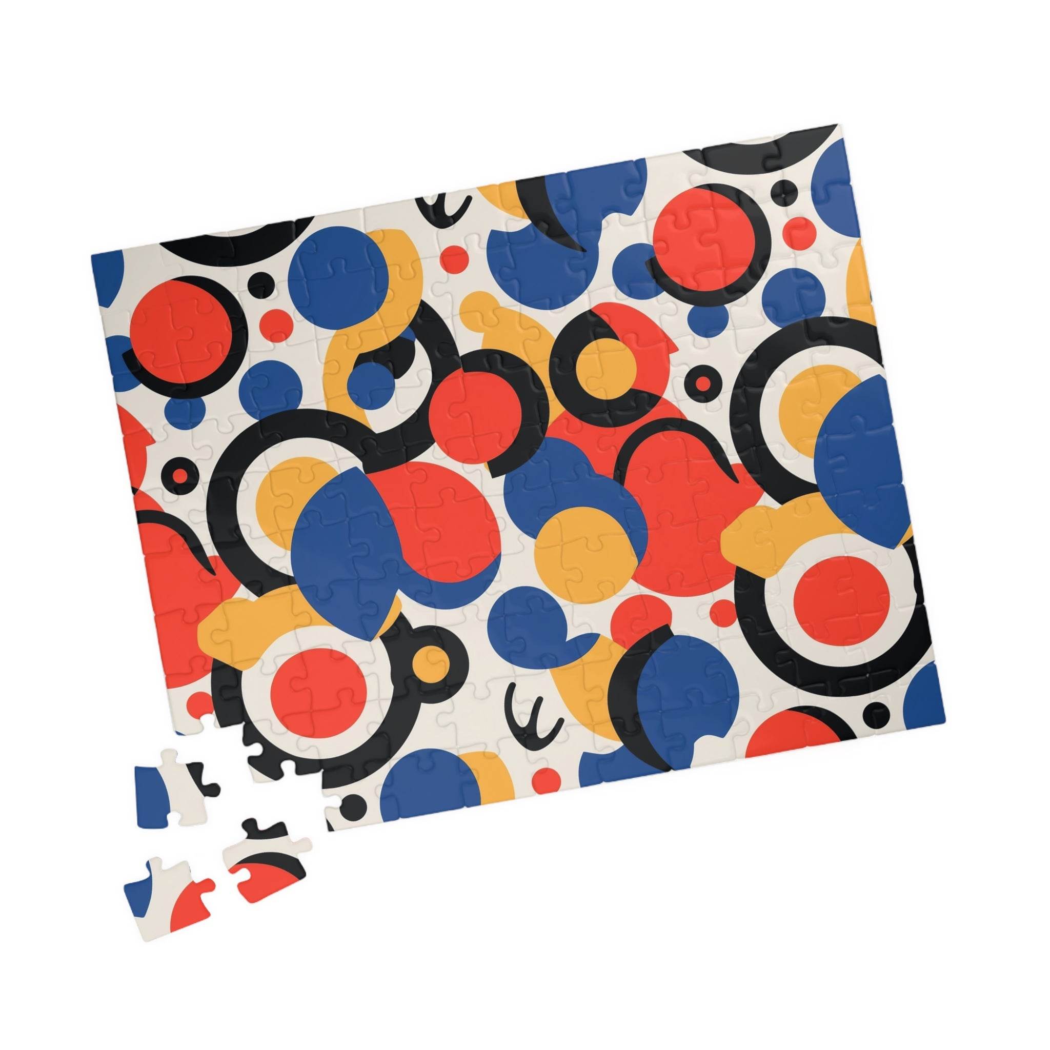 Printify colorful eco puzzle featuring abstract red blue yellow and black circular patterns