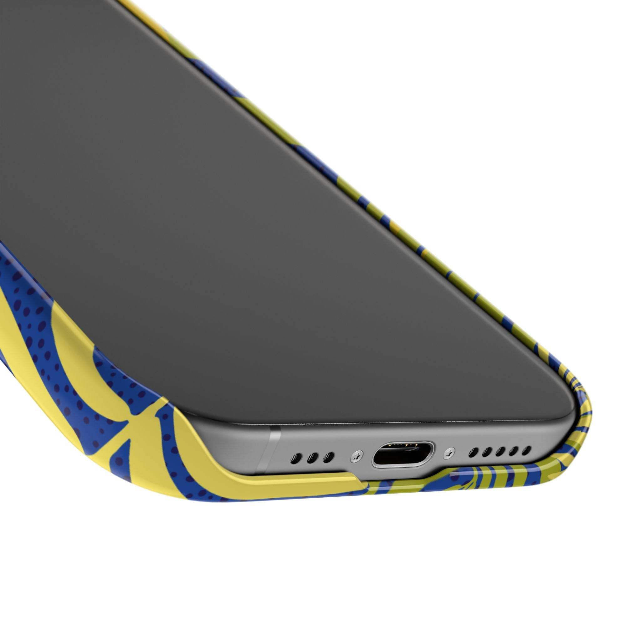 Printify sustainable slim phone cover with blue and yellow abstract design on smartphone