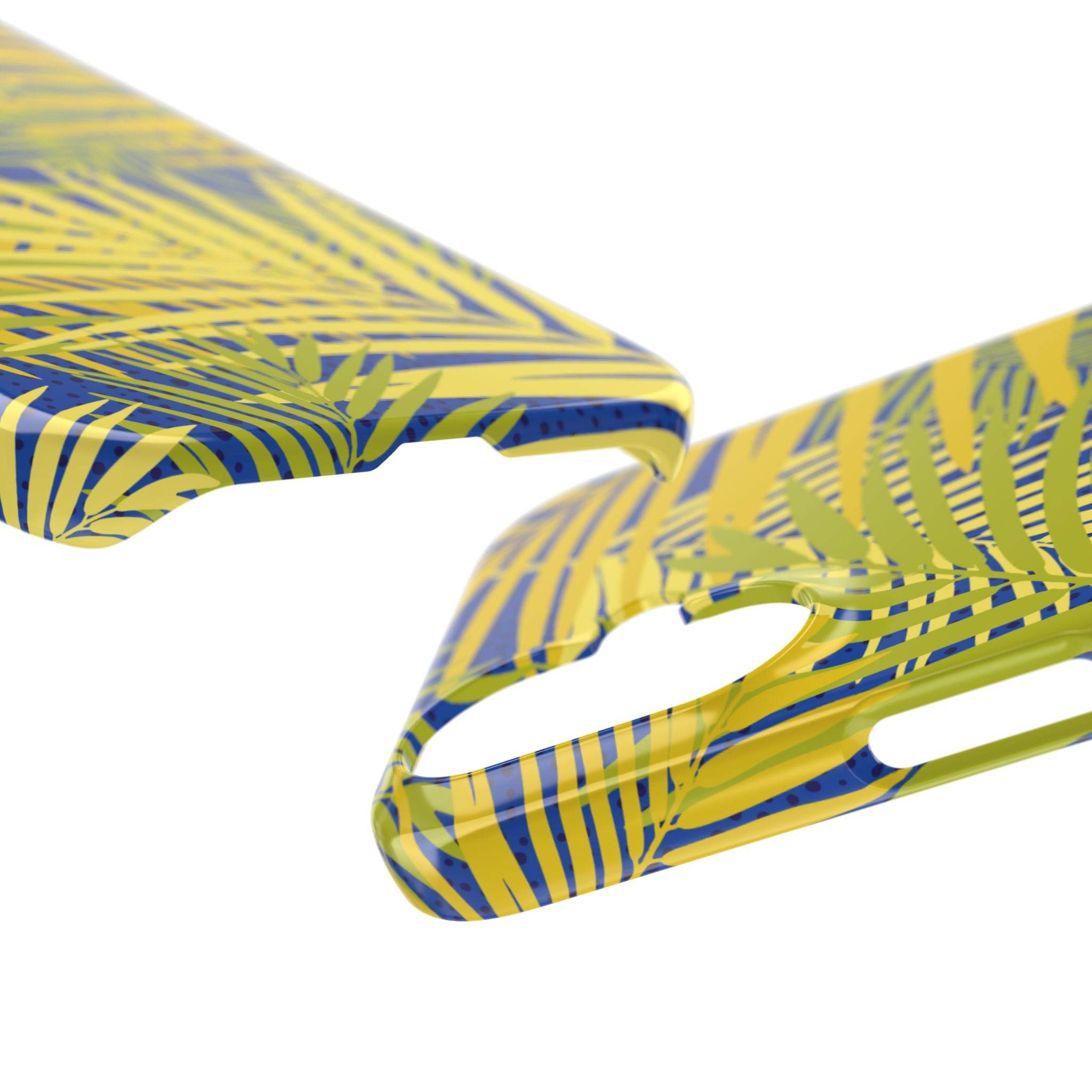 Printify sustainable slim phone cover with yellow and blue tropical leaf pattern