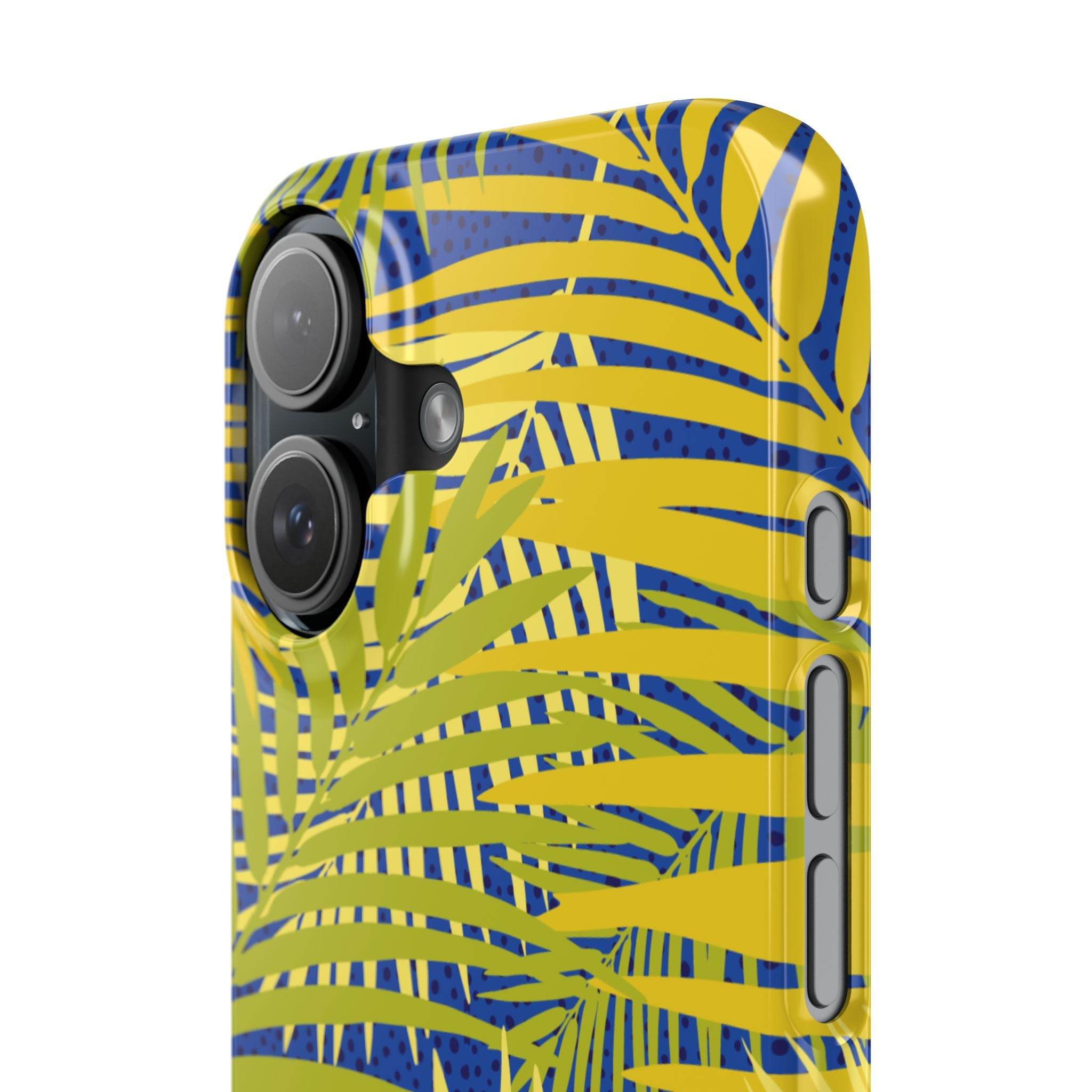 Printify sustainable slim phone cover with yellow and blue tropical leaf design for iPhone camera protection