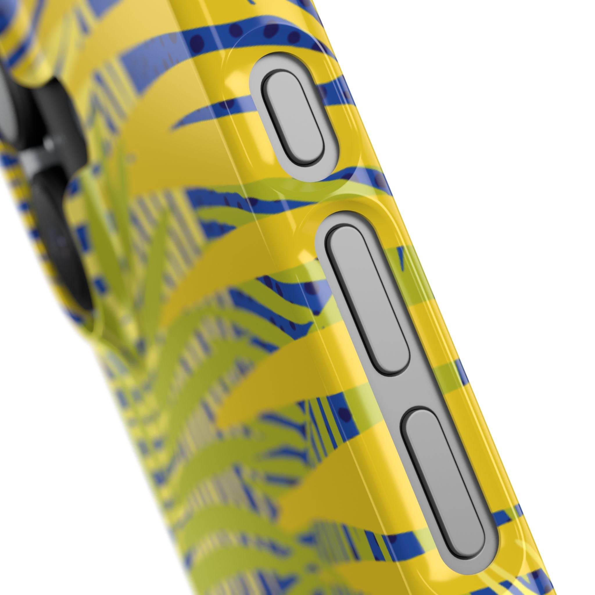 Printify yellow and blue patterned sustainable slim phone cover showing side buttons and slim design