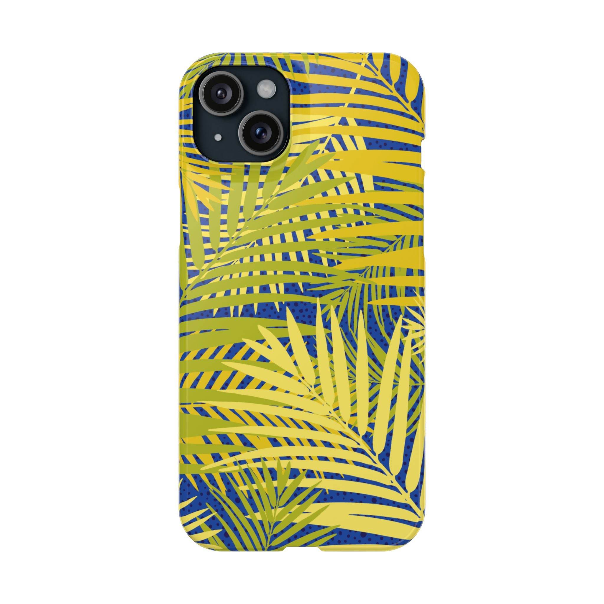 Printify sustainable slim phone cover with yellow and green tropical leaf design for iPhone
