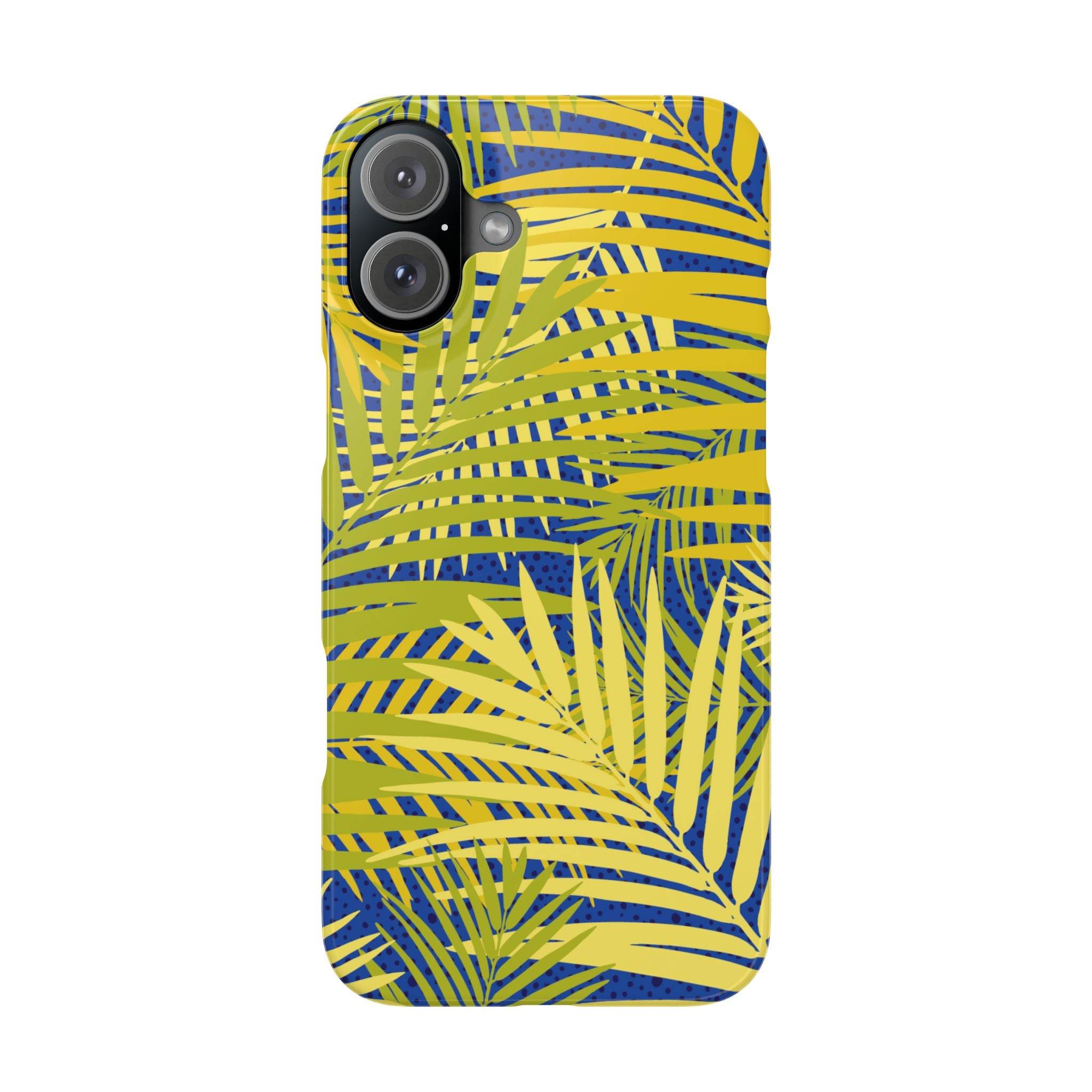 Printify sustainable slim phone cover with yellow and green palm leaf design on blue background