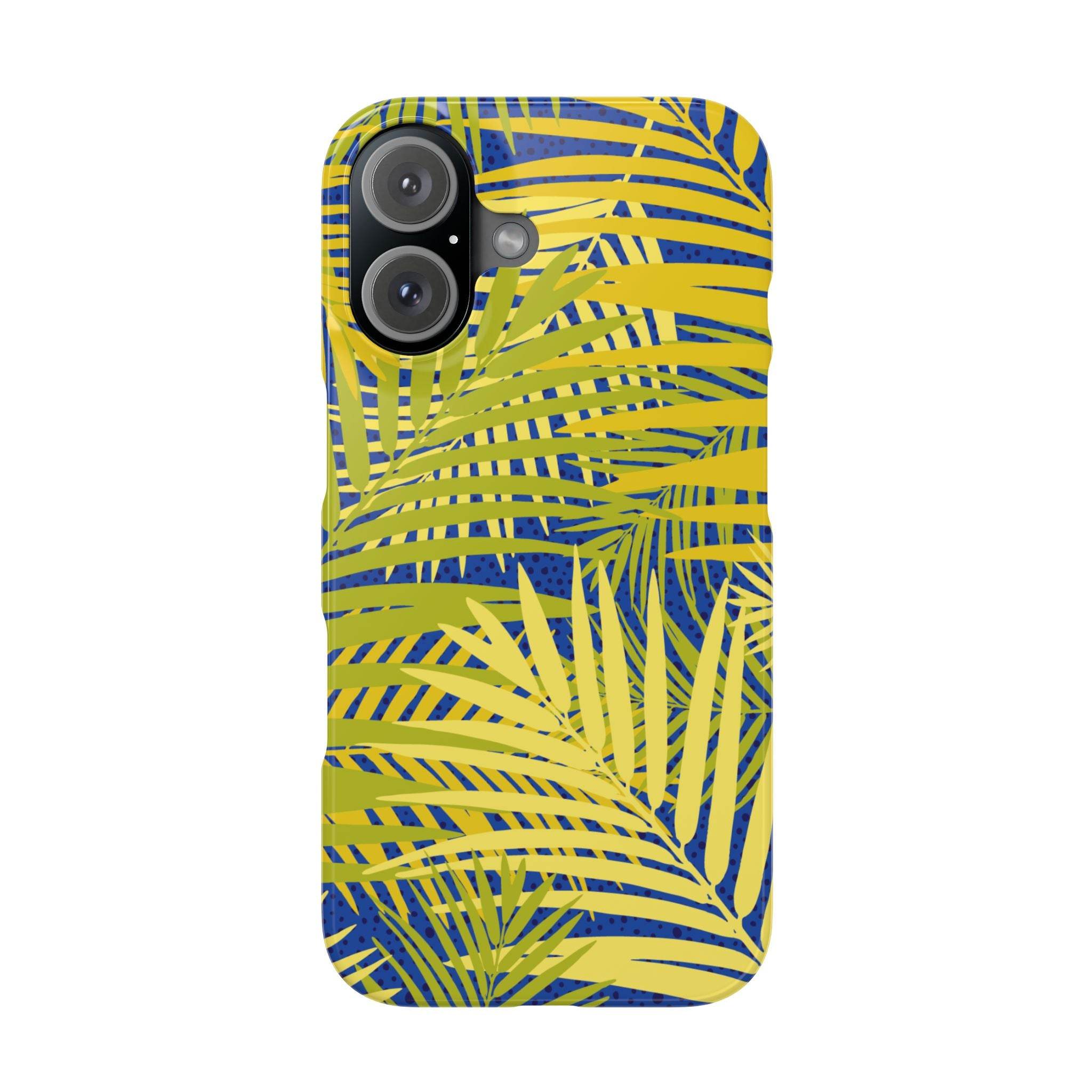 Printify sustainable slim phone cover with tropical yellow and green leaf pattern on blue background