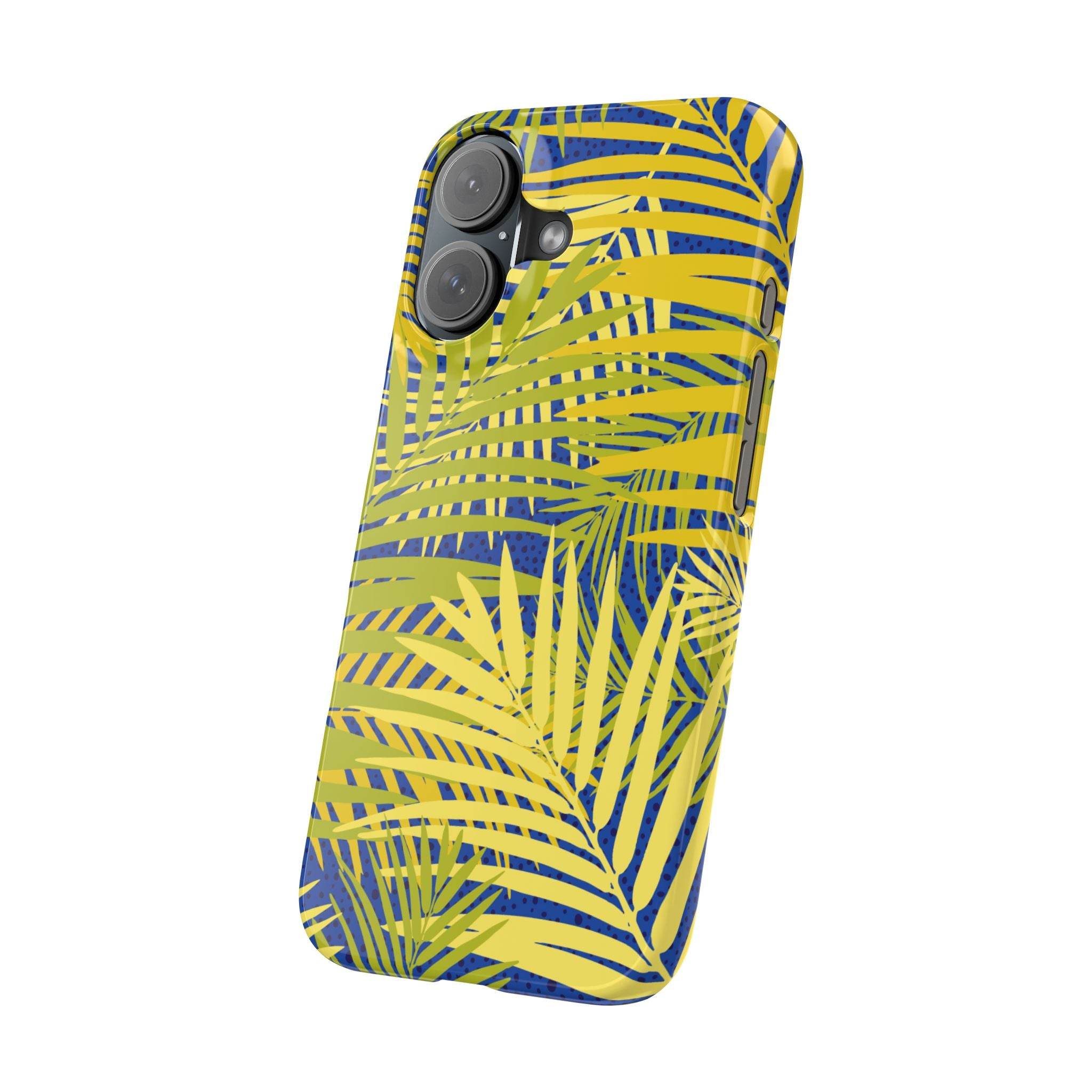Printify sustainable slim phone cover with yellow and green tropical leaf design for smartphones