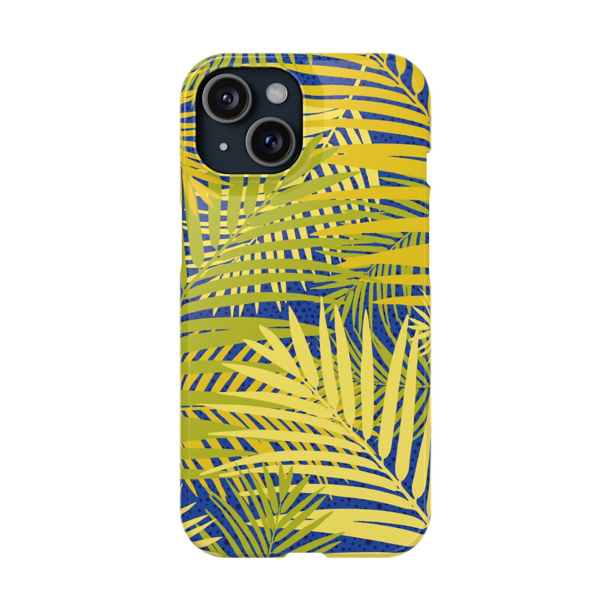 Printify sustainable slim phone cover with yellow tropical leaf design on blue background
