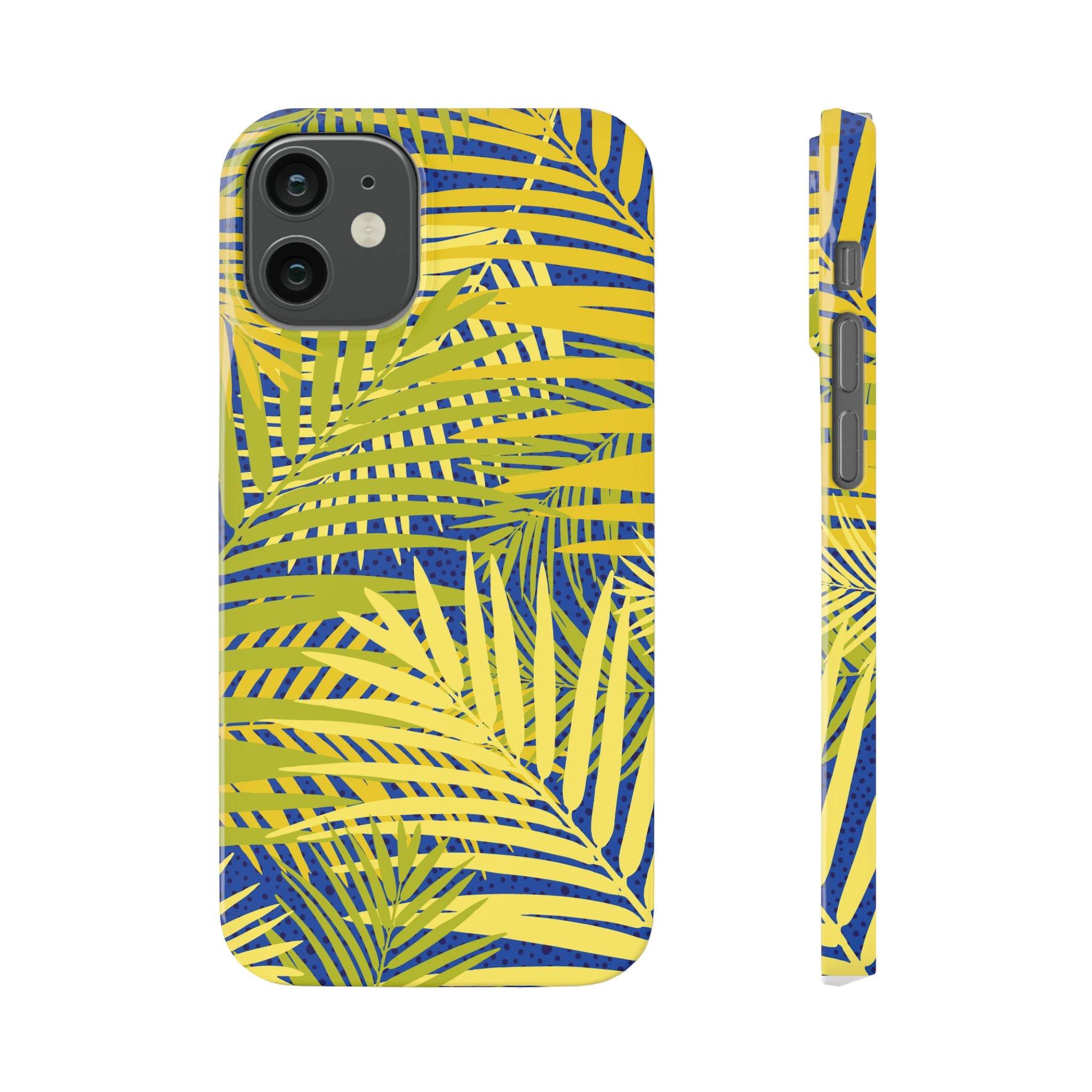Printify sustainable slim phone cover with yellow and green tropical leaf pattern for iPhone