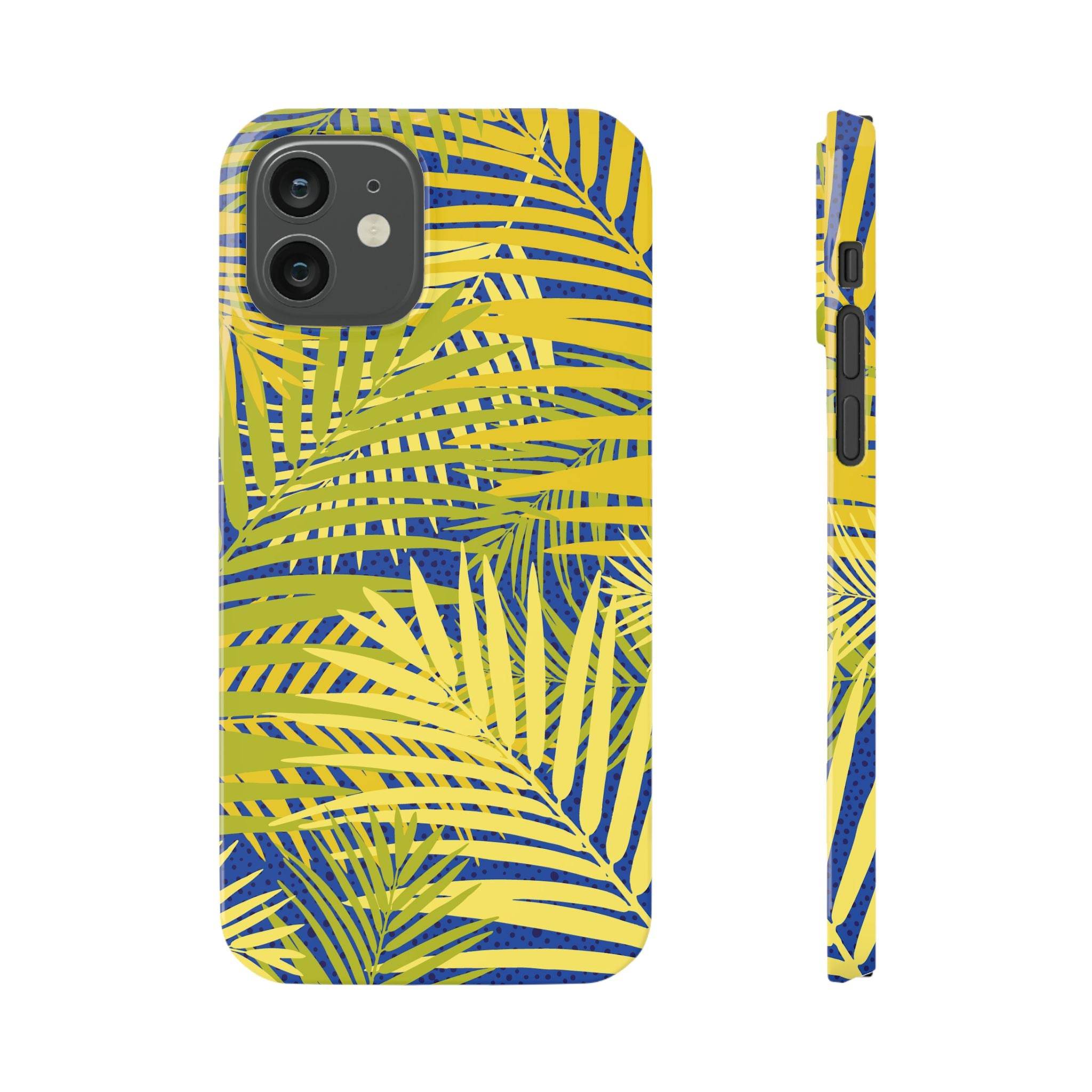 Printify sustainable slim phone cover with yellow and blue tropical leaf design for slim protection
