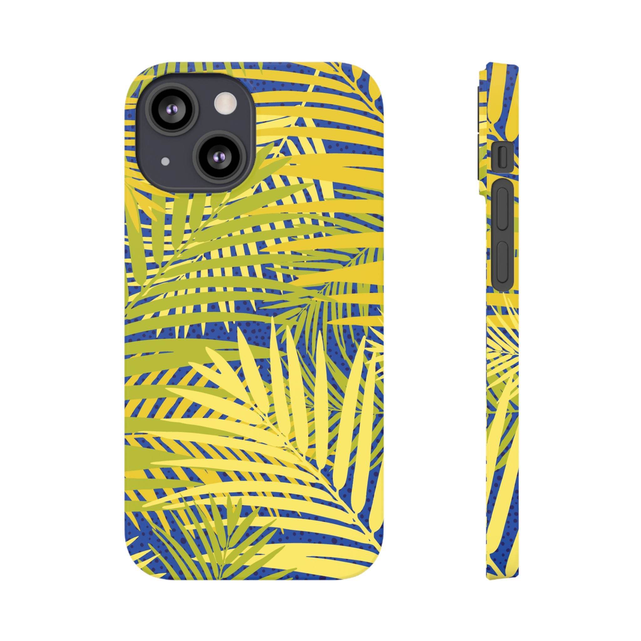 Printify sustainable slim phone cover with yellow and green tropical leaf design on blue background