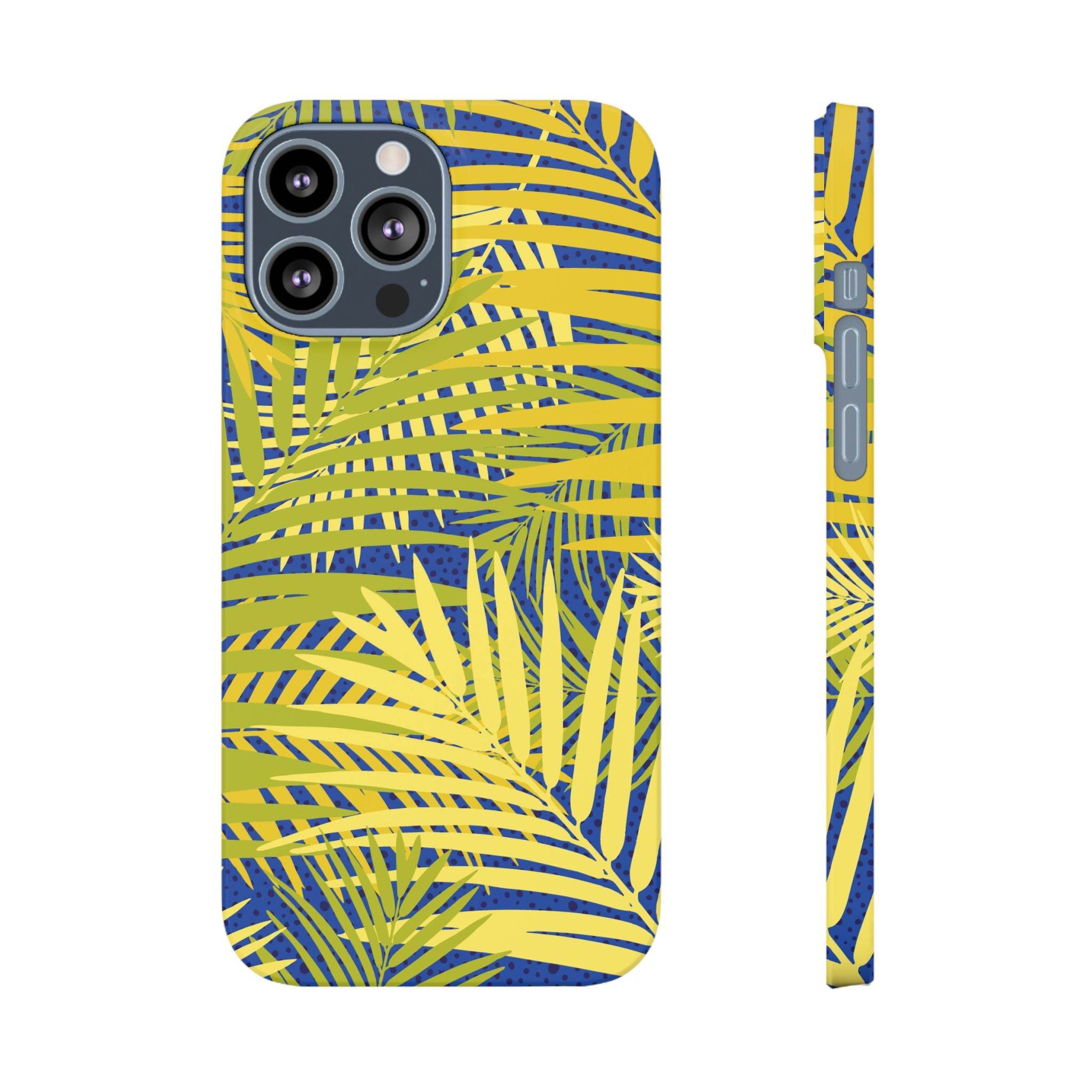 Printify sustainable slim phone cover featuring yellow and green tropical leaf design on blue background