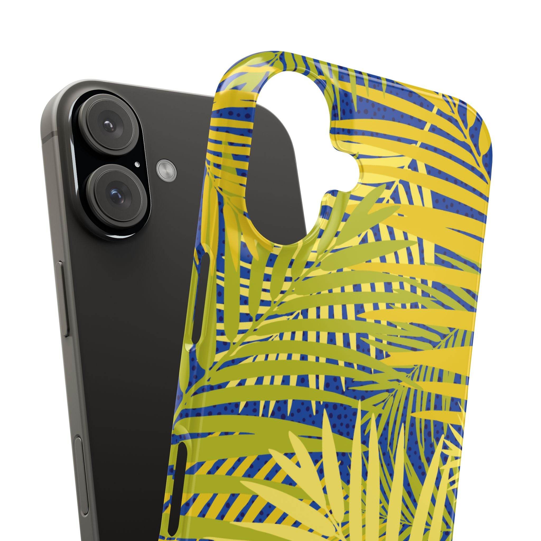 Printify sustainable slim phone cover with yellow and blue tropical leaf design for smartphone protection