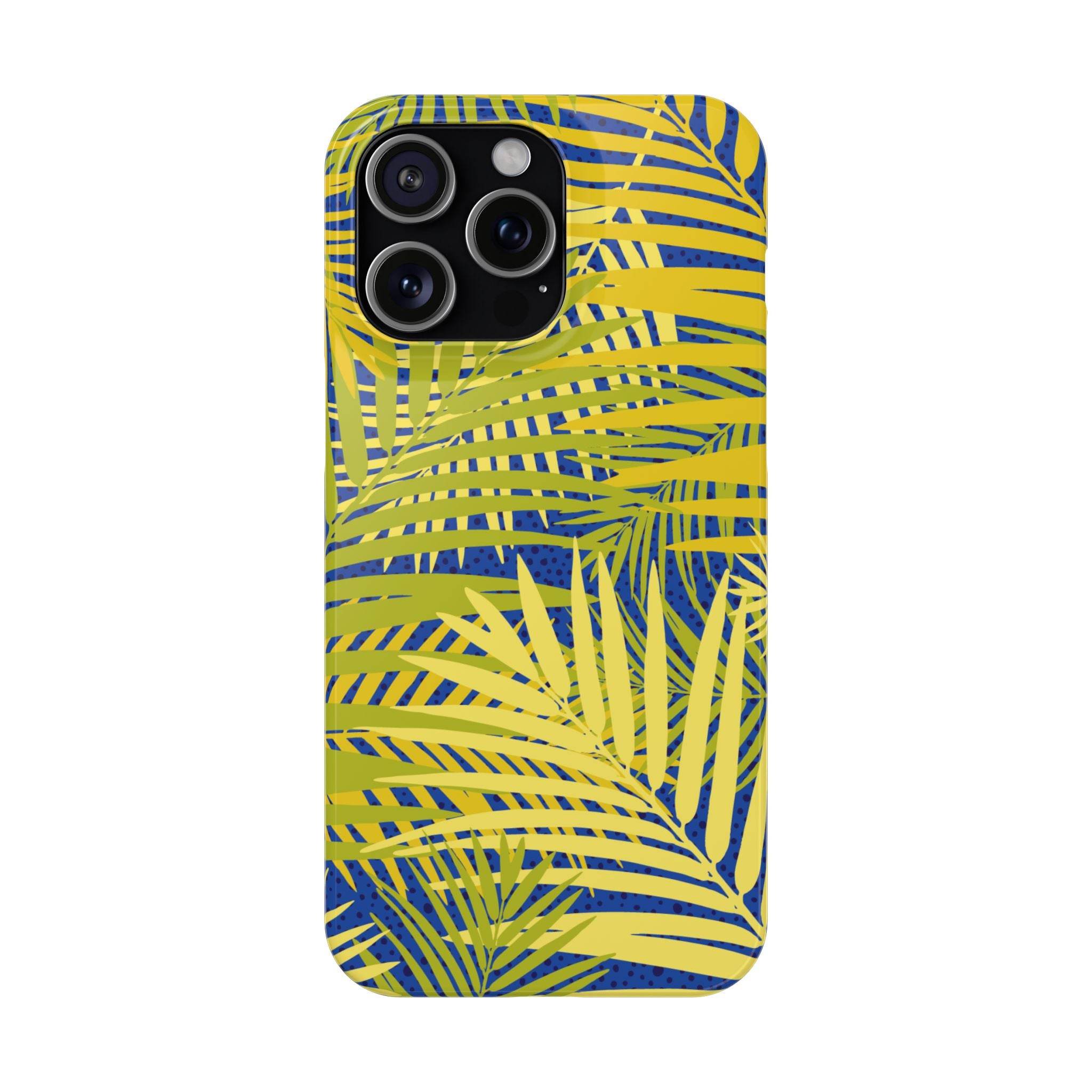 Printify phone case with yellow and green palm leaf design sustainable slim phone cover