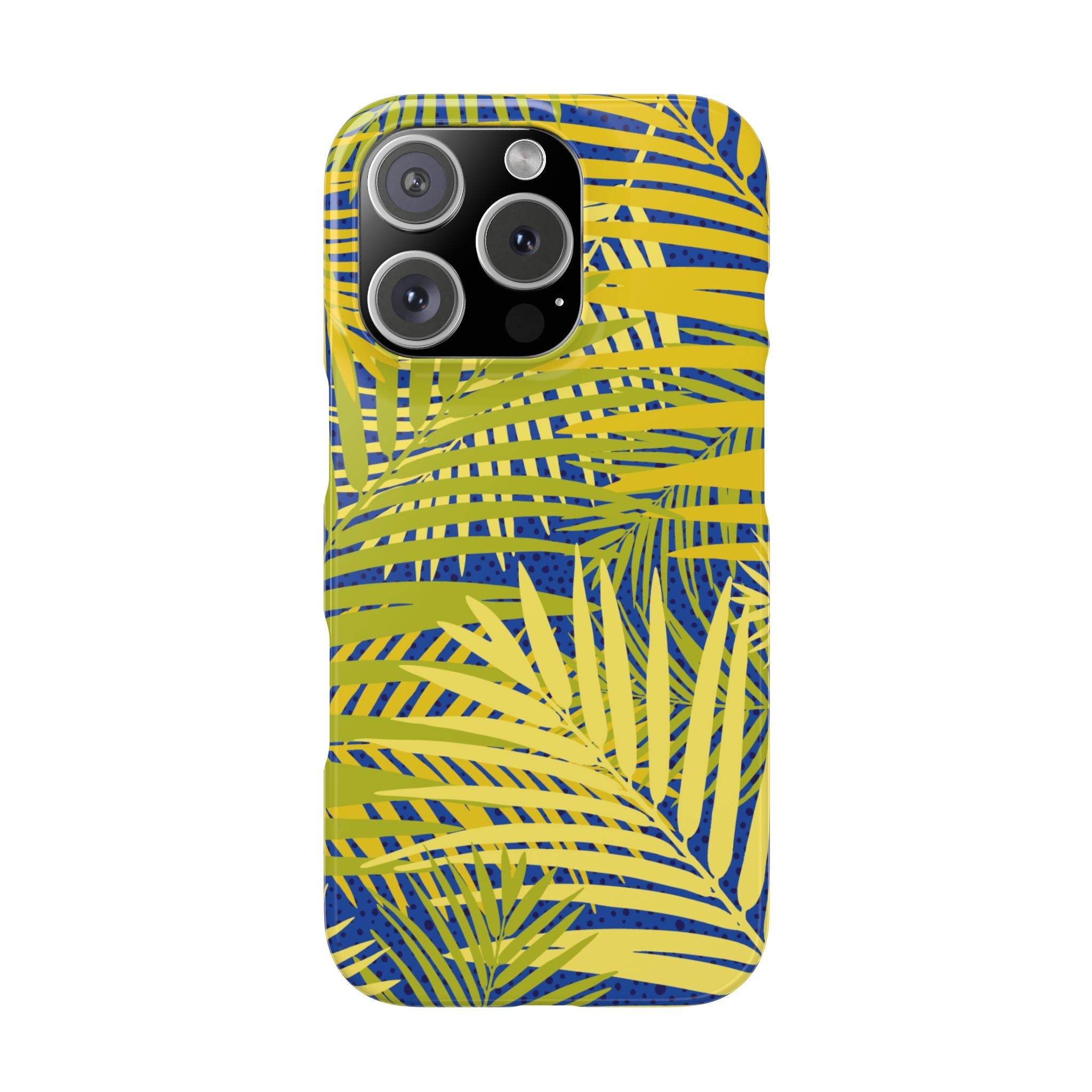 Printify sustainable slim phone cover with yellow and green palm leaf design for iPhone