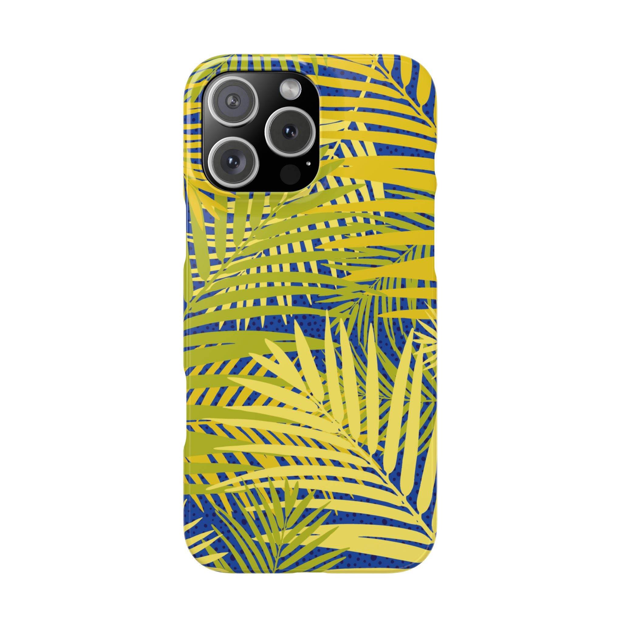 Printify sustainable slim phone cover with yellow and blue tropical leaf pattern for iPhone