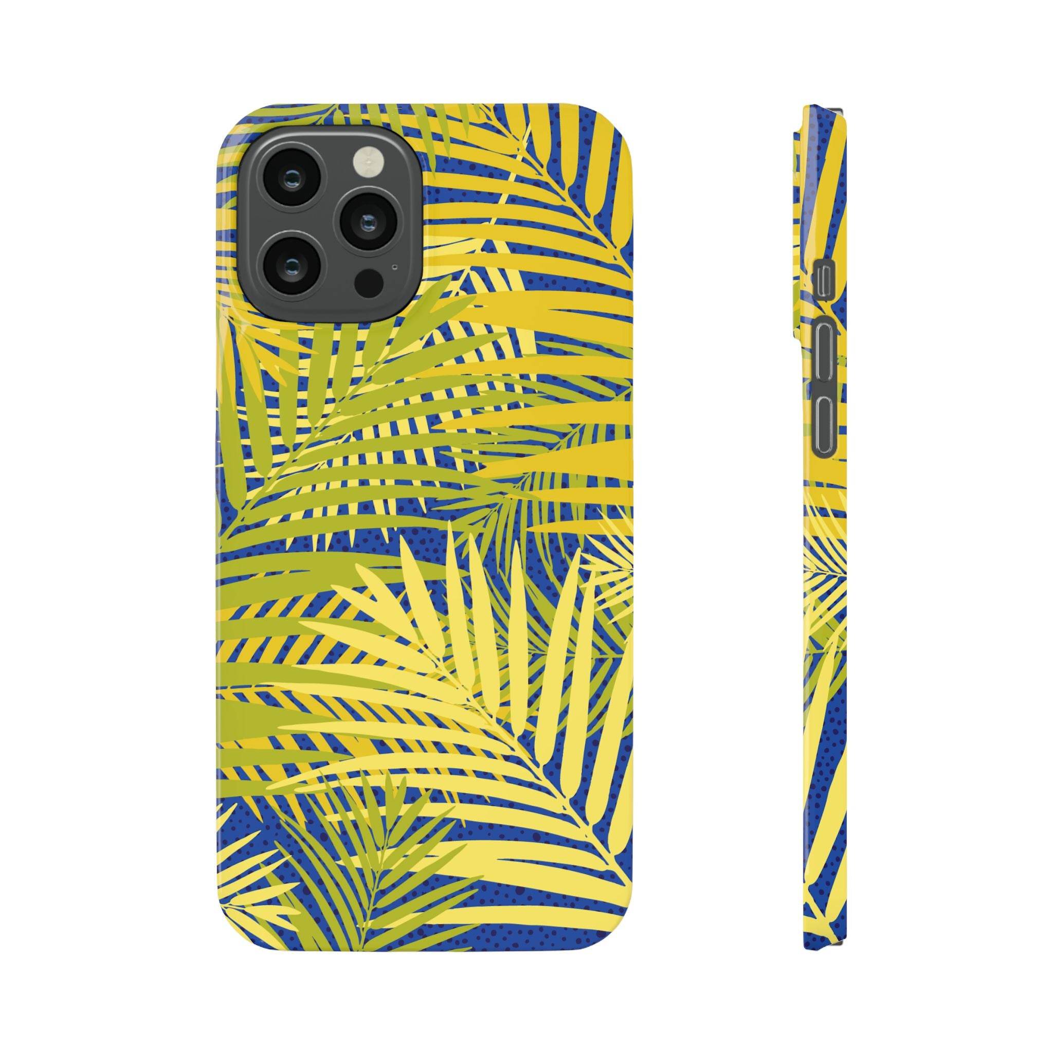 Printify sustainable slim phone cover with yellow and blue tropical leaf design for iPhone