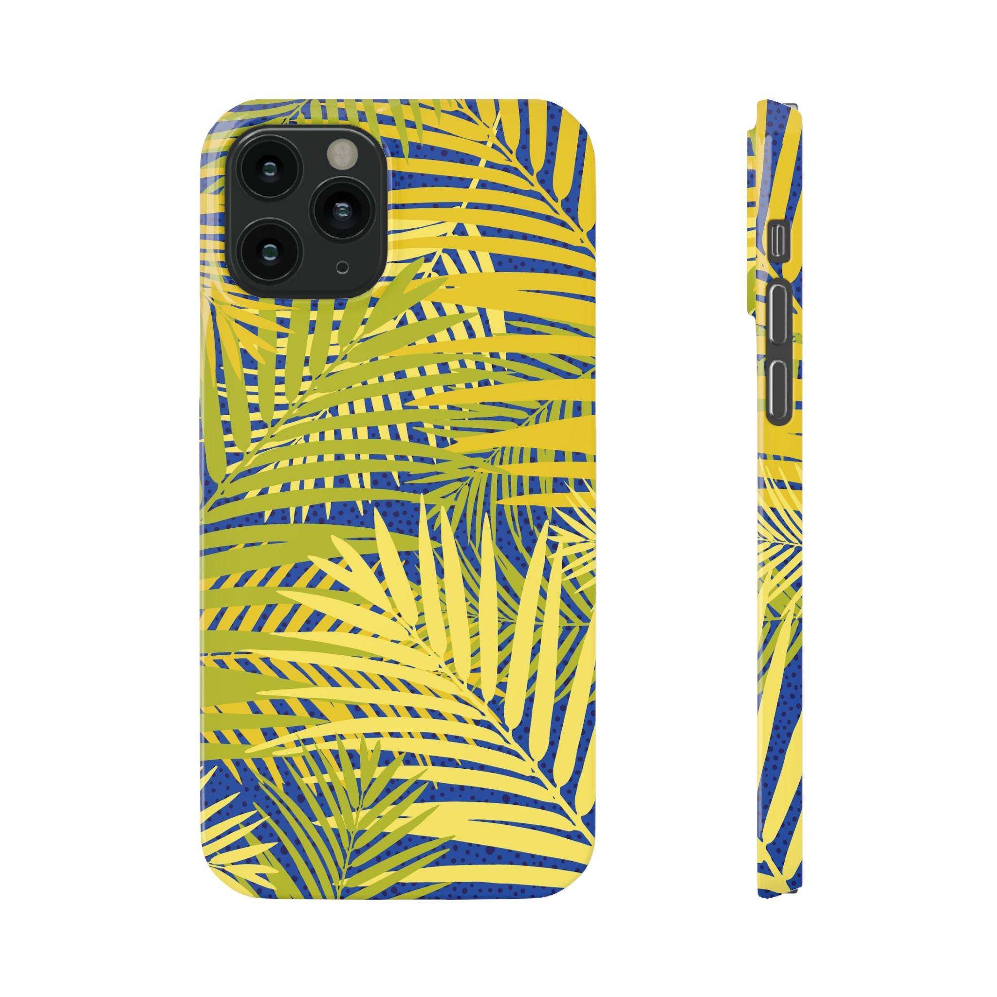 Printify sustainable slim phone cover with yellow and blue tropical leaf design for sleek protection