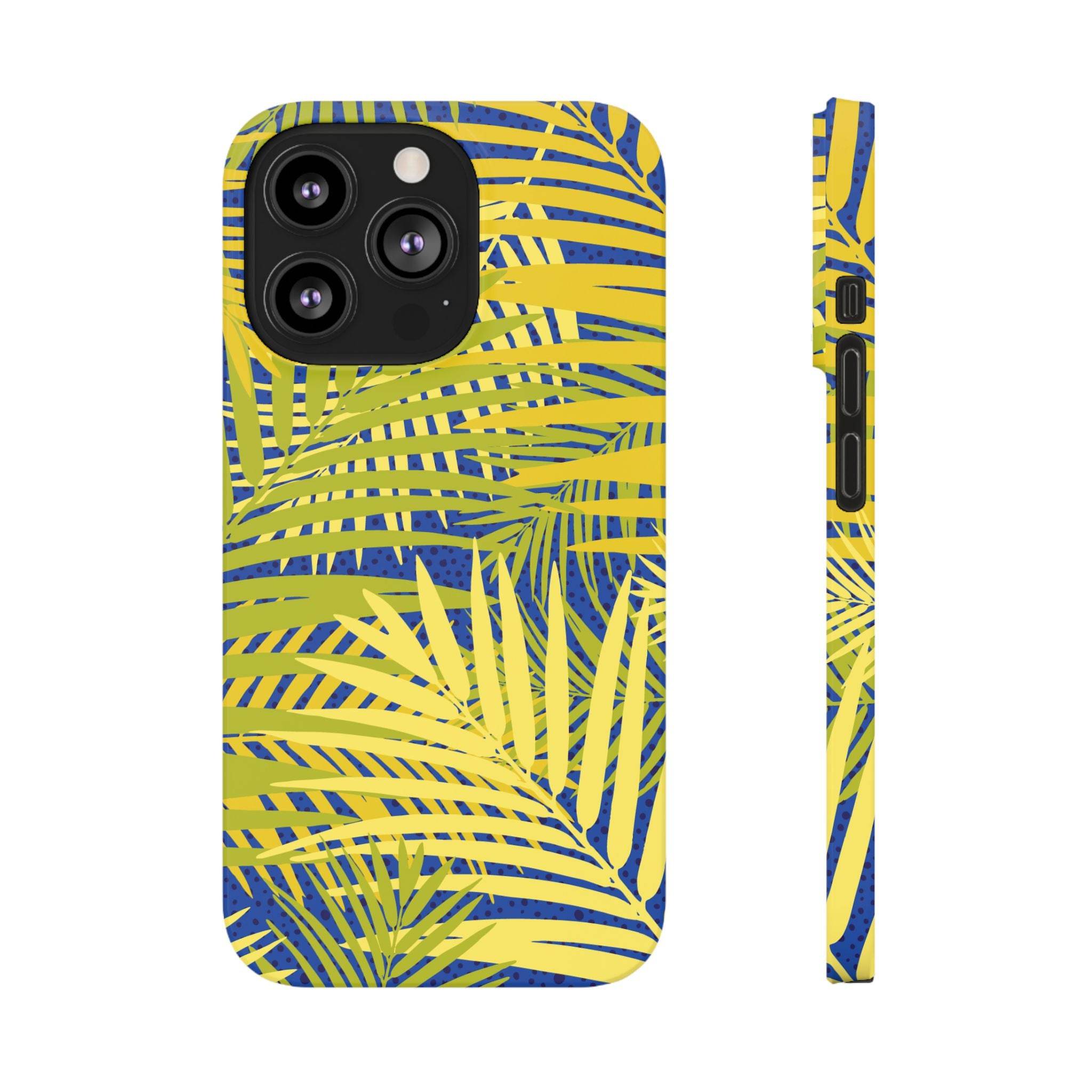 Printify sustainable slim phone cover with yellow and blue tropical palm leaf design