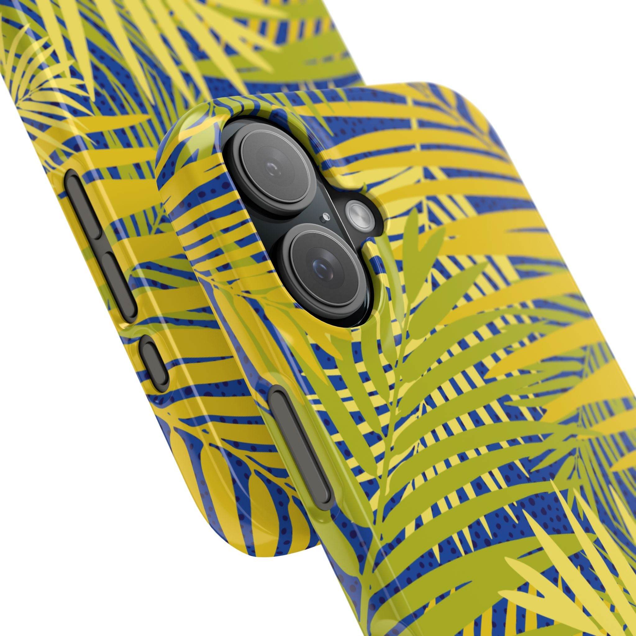 Printify sustainable slim phone cover with tropical green and blue leaf pattern for iPhone