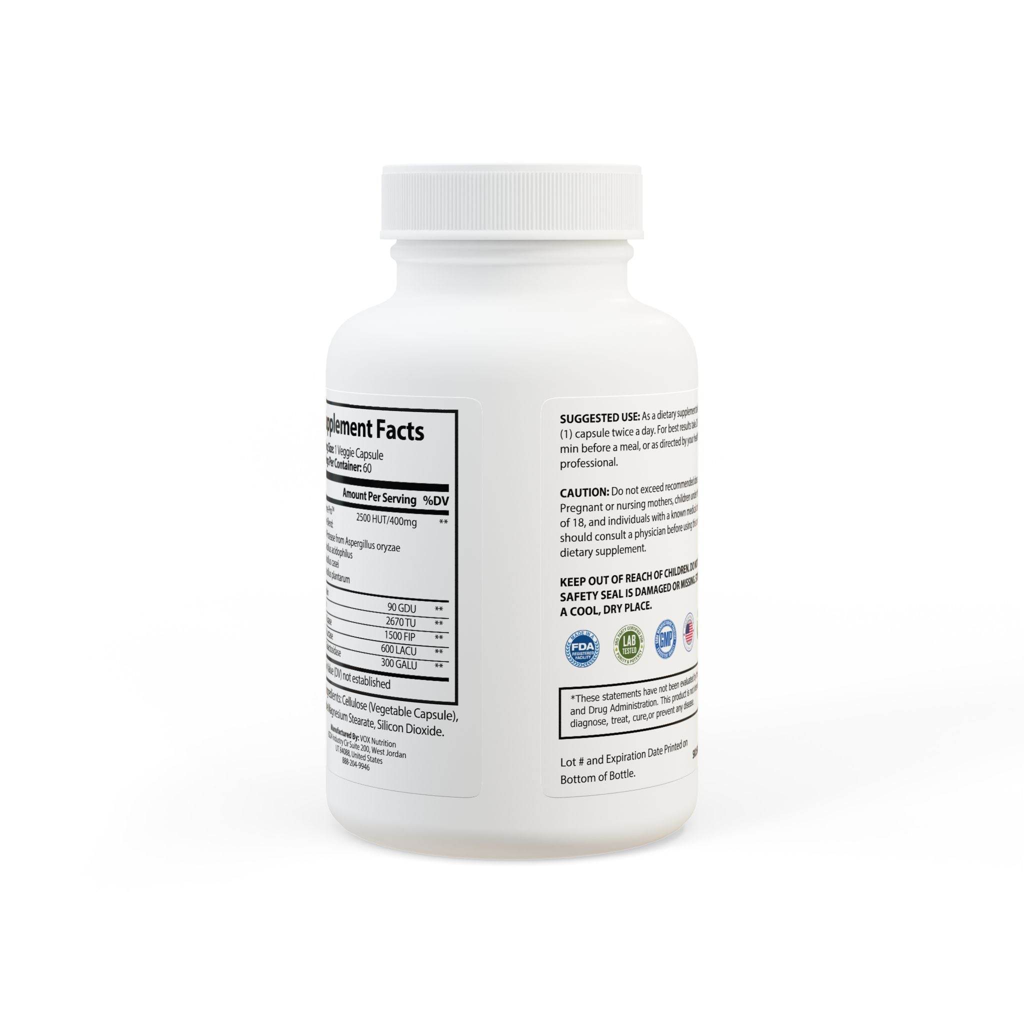 White bottle of Printify supplements natural digestion support capsules with supplement facts label
