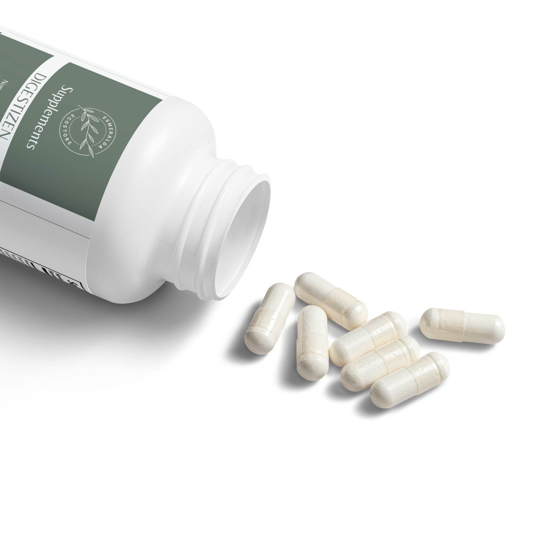 Printify supplements bottle with natural digestion support capsules spilled on white surface