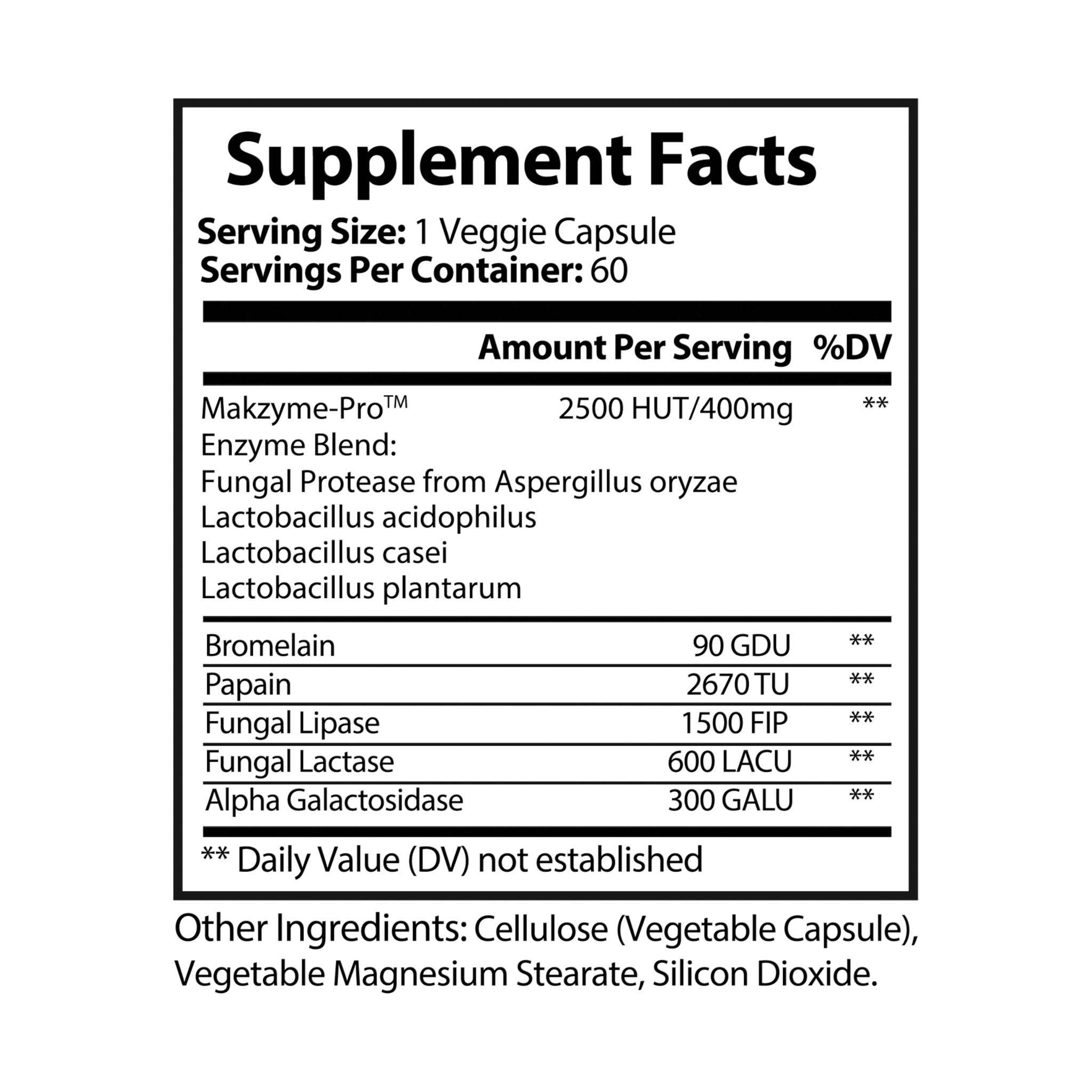 Supplement facts label for natural digestion support capsules detailing enzyme blend and serving size