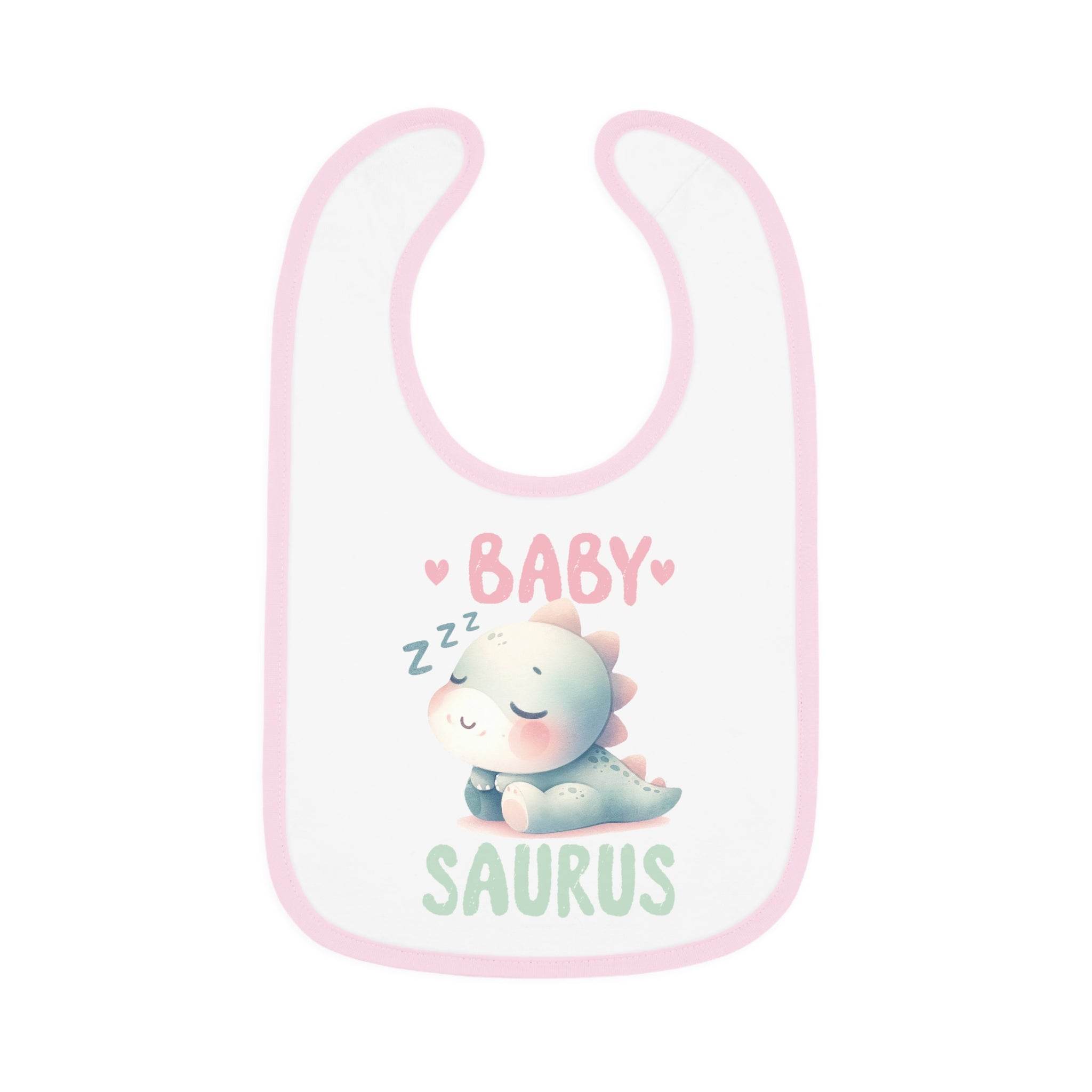 Printify dinosaur print baby bib with cute sleeping dinosaur and pink trim for infants