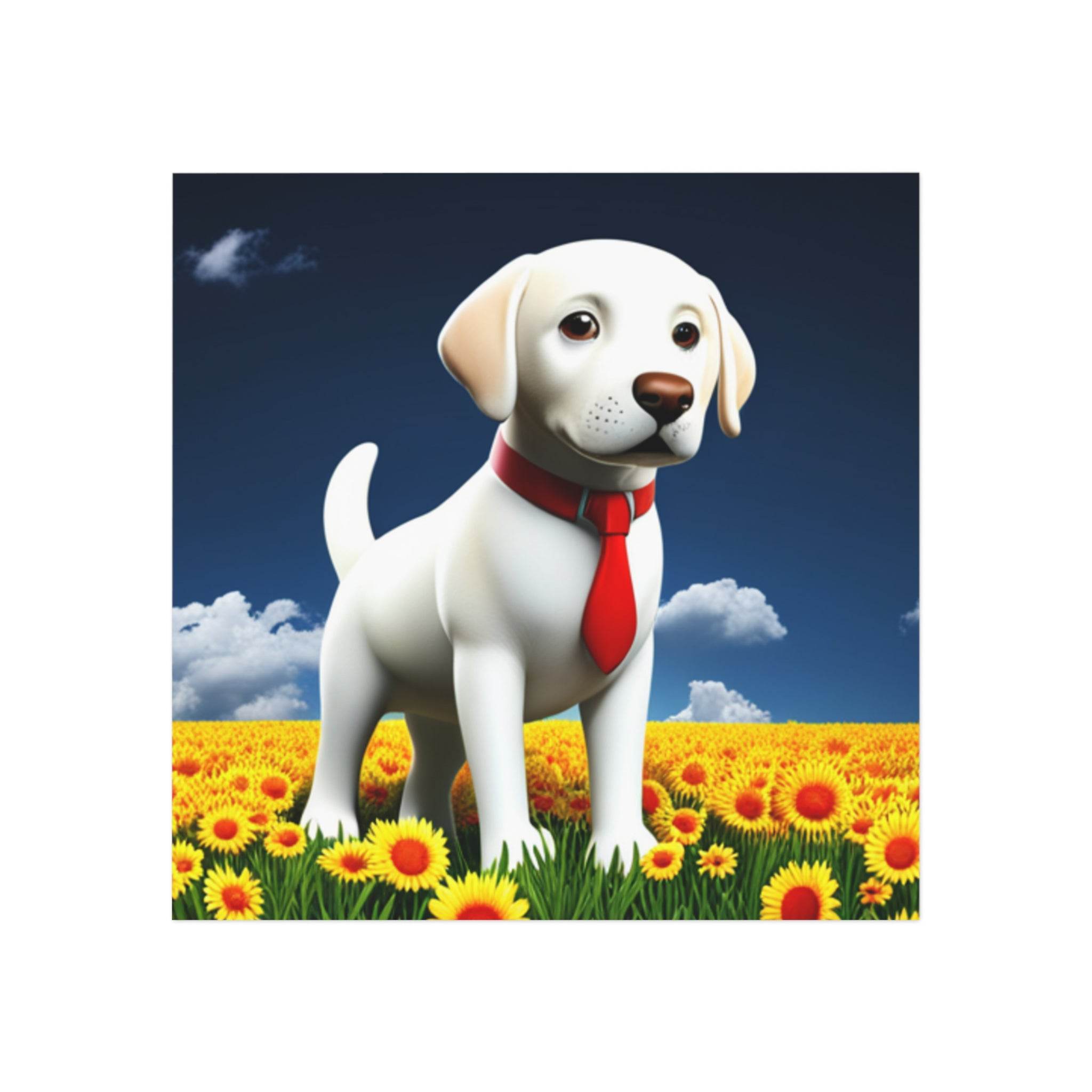Dog fridge magnet square featuring a cute white dog with a red tie standing in a sunflower field under a blue sky