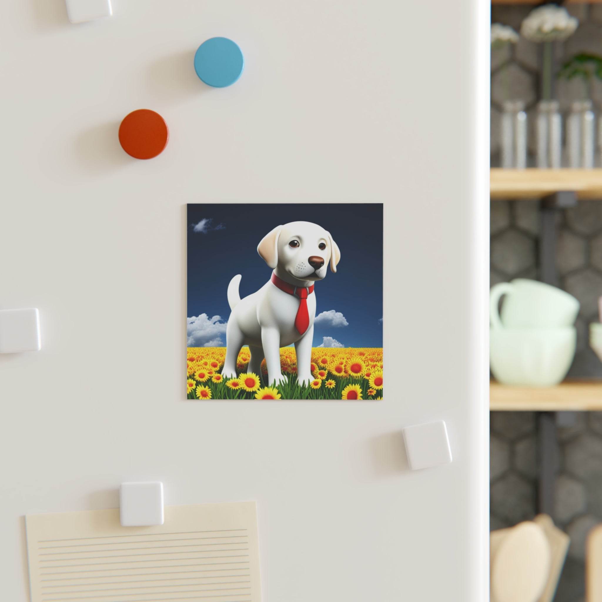 Dog fridge magnet square with a white dog wearing a red tie standing in a sunflower field on a refrigerator