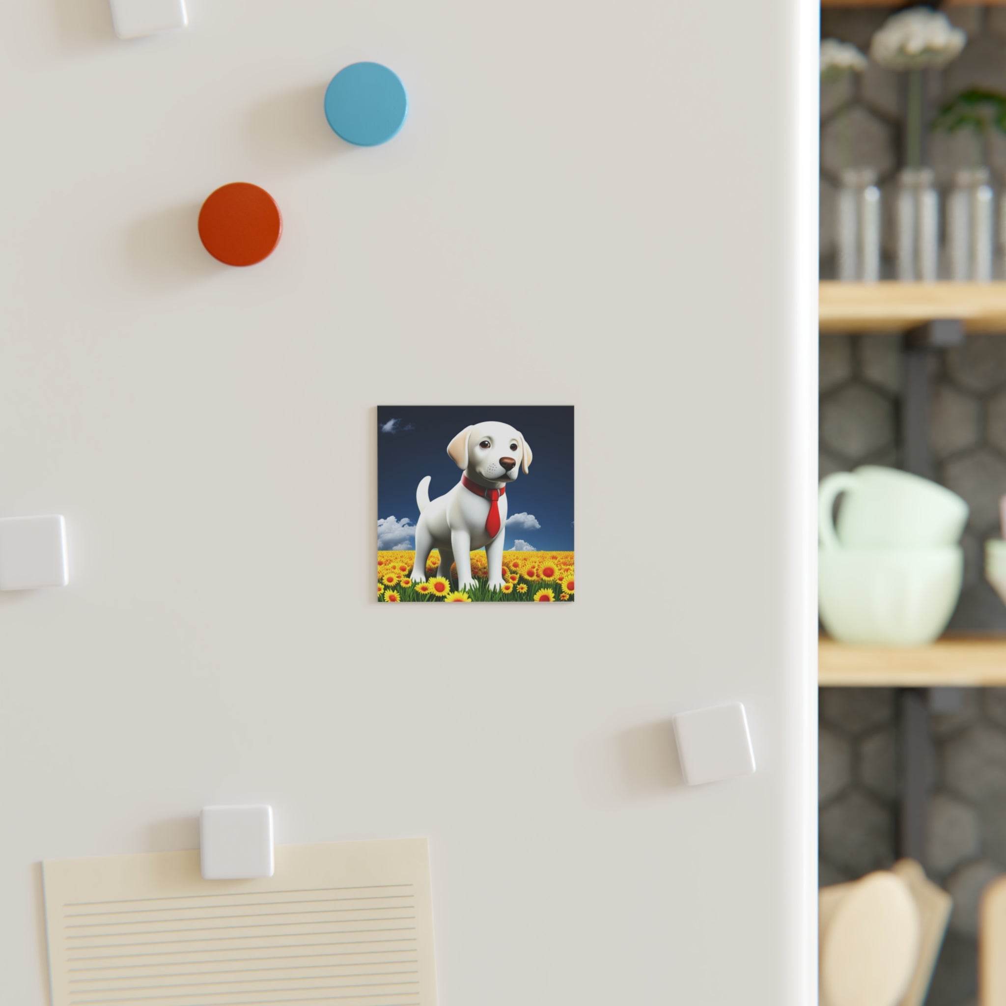 Square dog fridge magnet square with cartoon puppy in red tie on sunflower field background