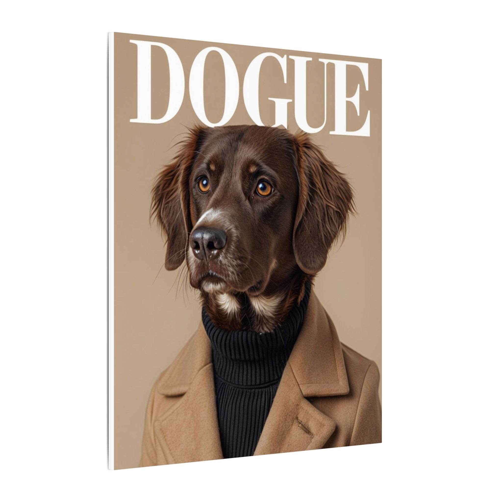 Printify canvas showing a stylish brown dog portrait with DOGUE title wearing coat and turtleneck eco-friendly dog art print