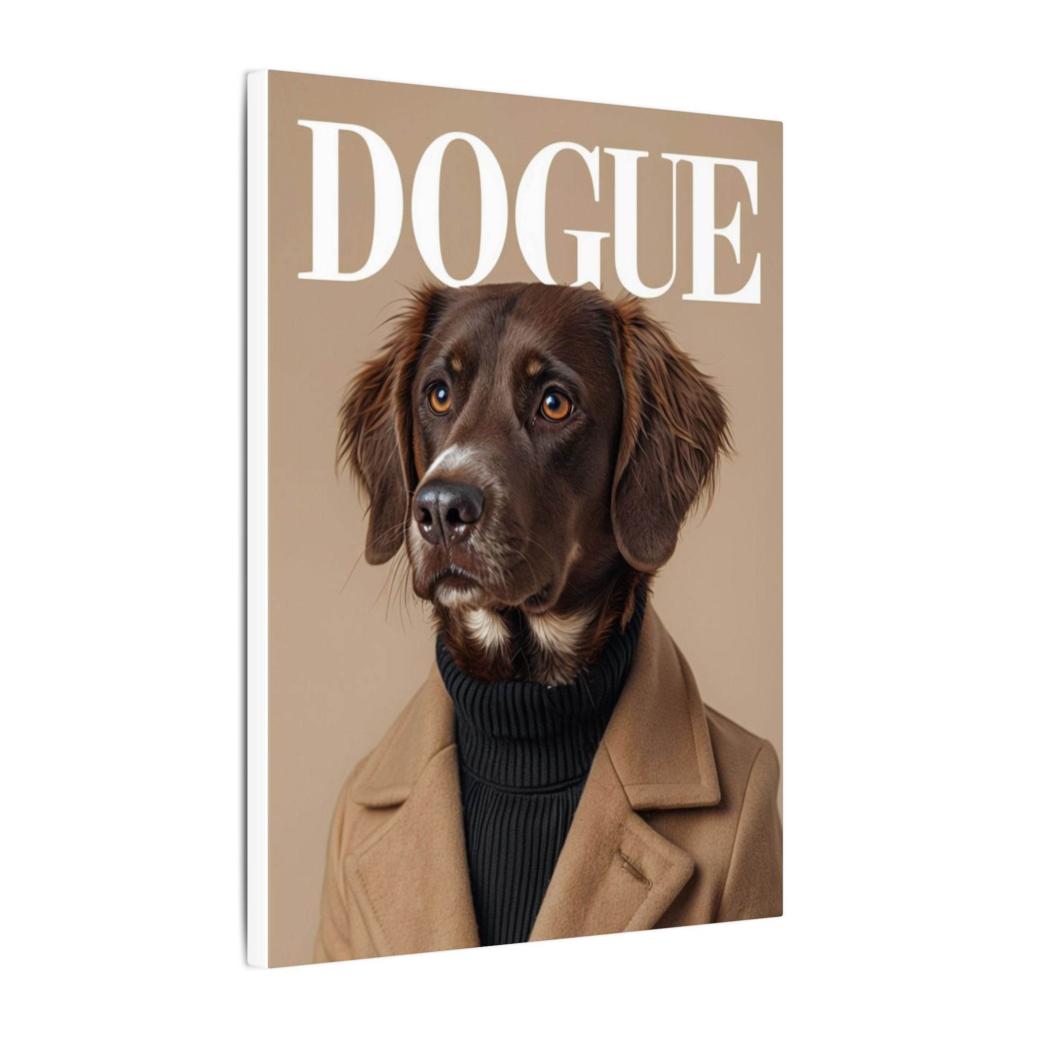 Printify canvas showing a stylish brown dog portrait titled DOGUE in coat and turtleneck eco-friendly dog art print