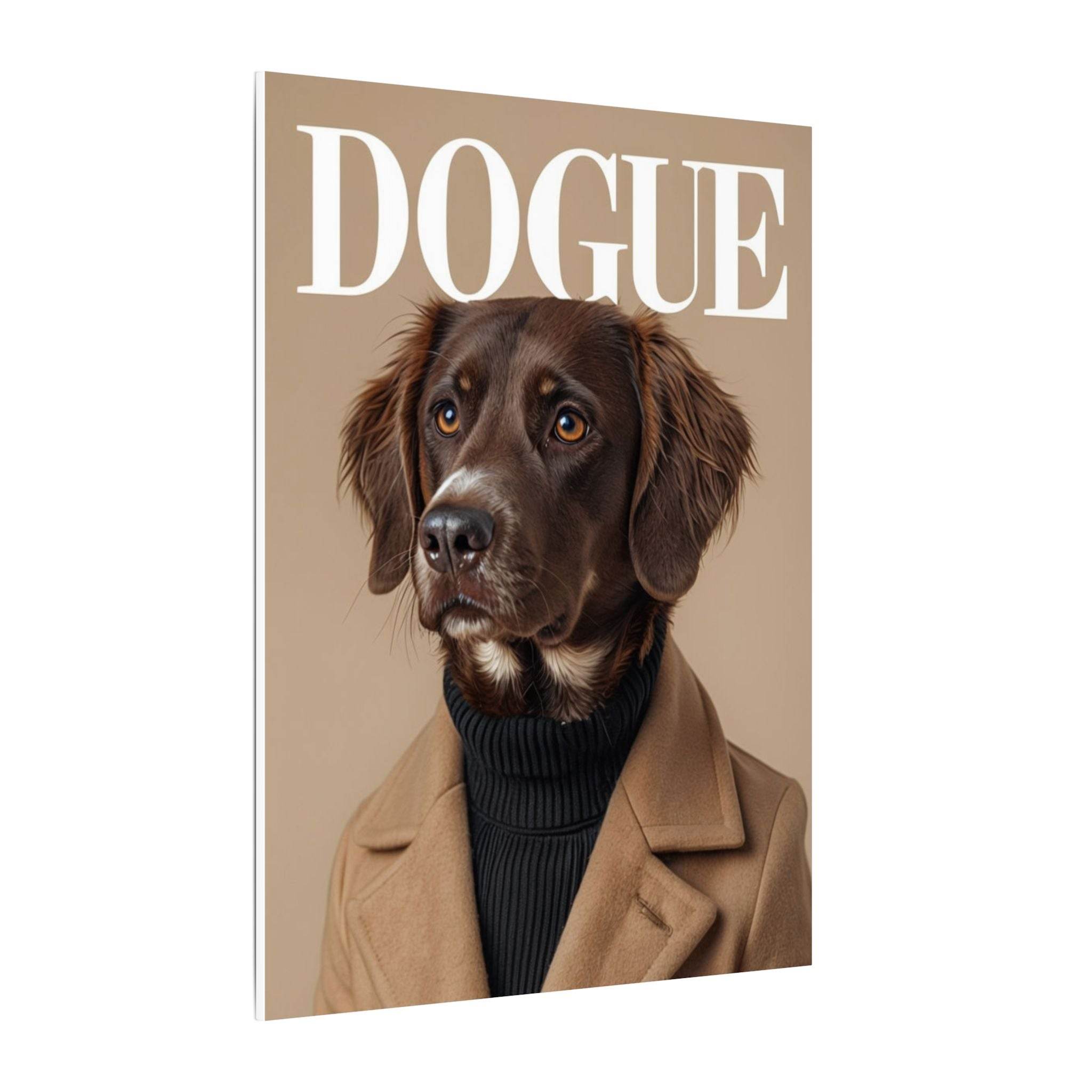 Printify canvas eco-friendly dog art print of a brown dog in turtleneck and camel coat with minimalist beige background