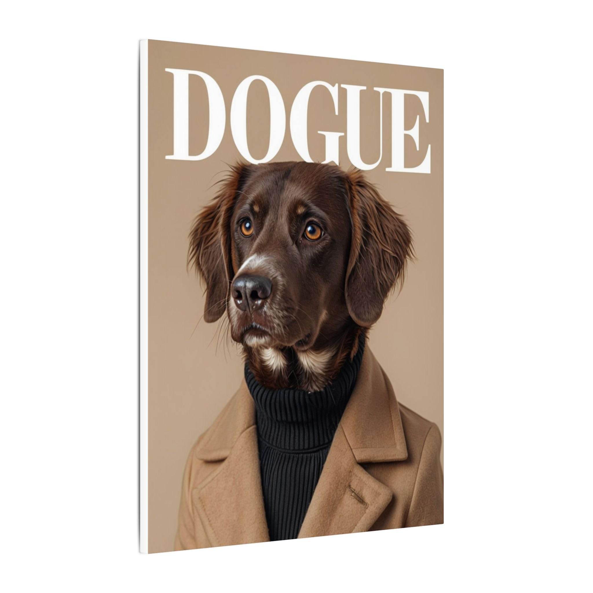 Printify canvas eco-friendly dog art print of a chocolate brown dog wearing camel coat and black turtleneck with DOGUE title