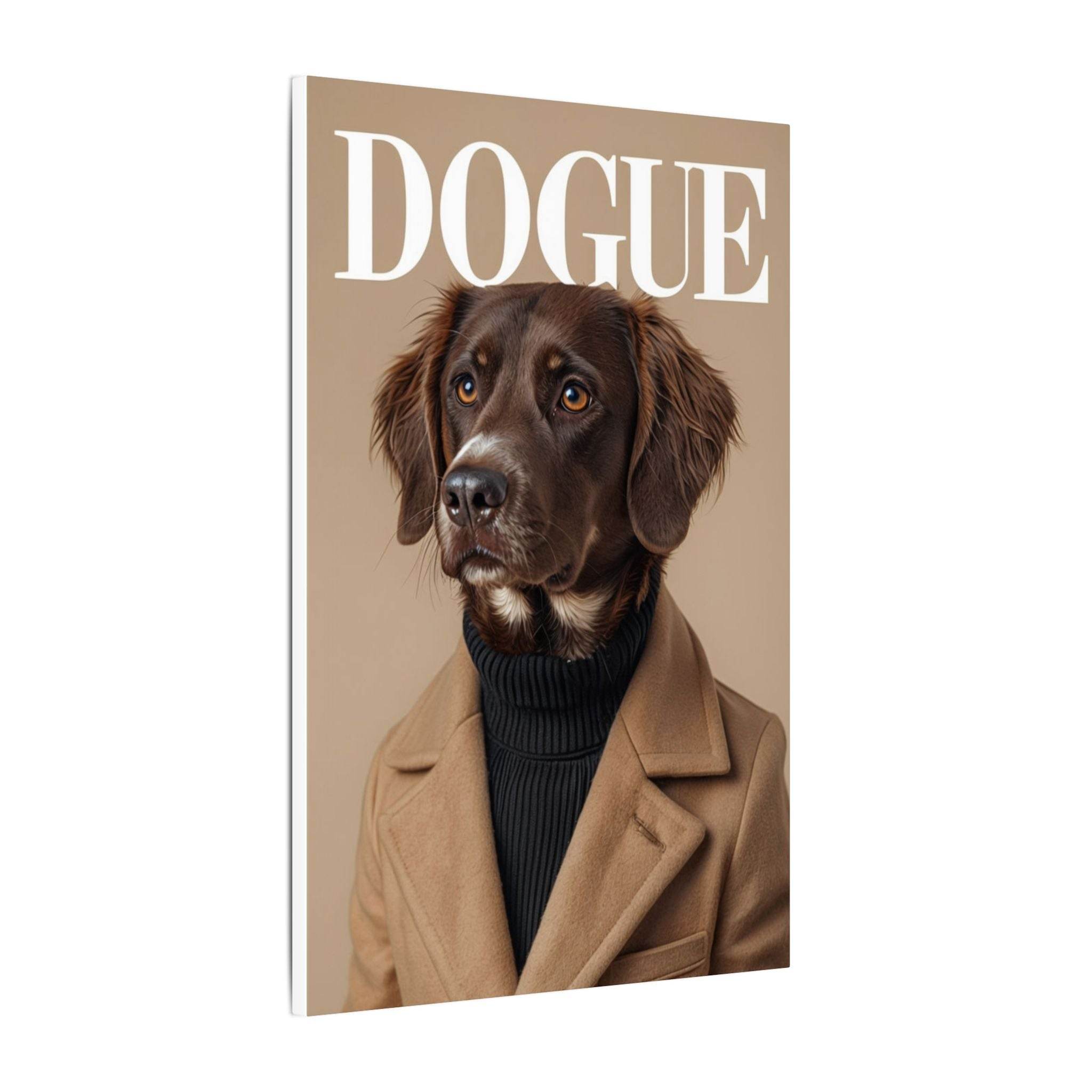 Printify canvas showing a stylish brown dog portrait in turtleneck and coat magazine style eco-friendly dog art print