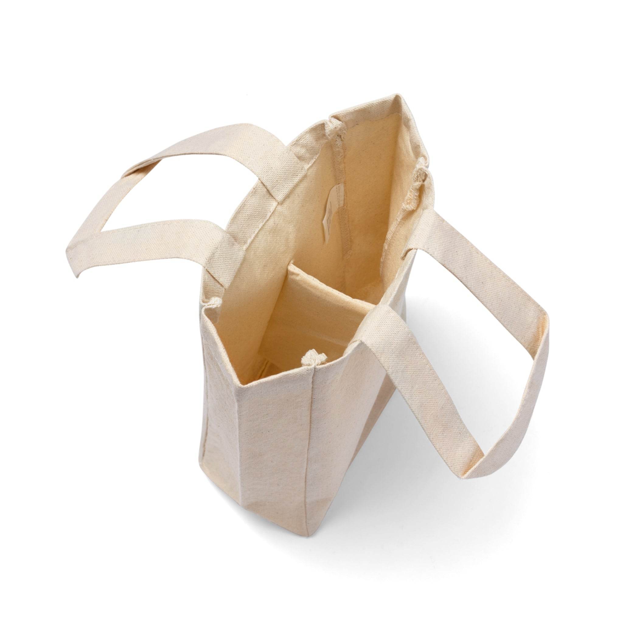 Printify beige double wine tote bag with sturdy handles and internal divider for two bottles