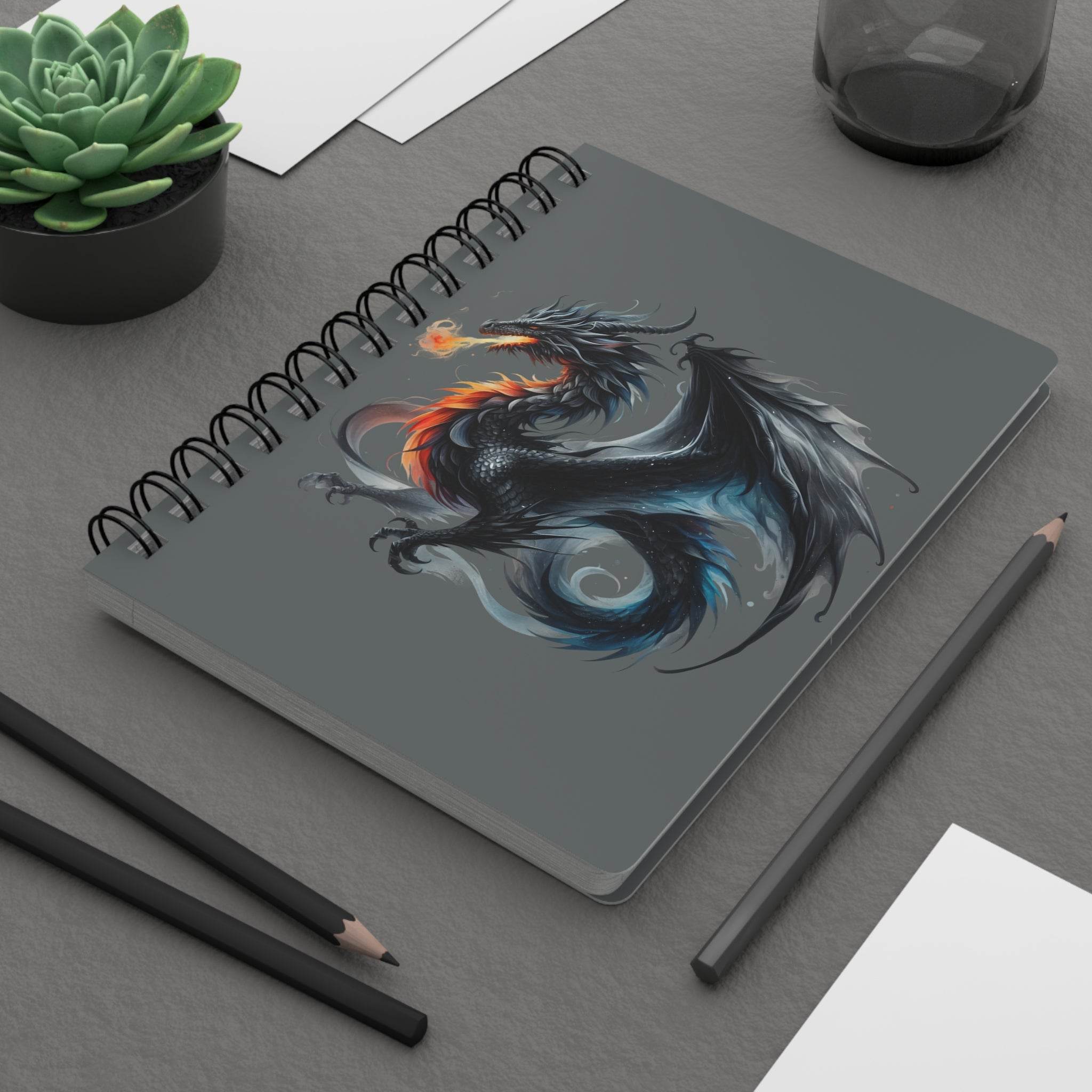 Printify sustainable spiral bound journal with black coil and dragon illustration on gray cover