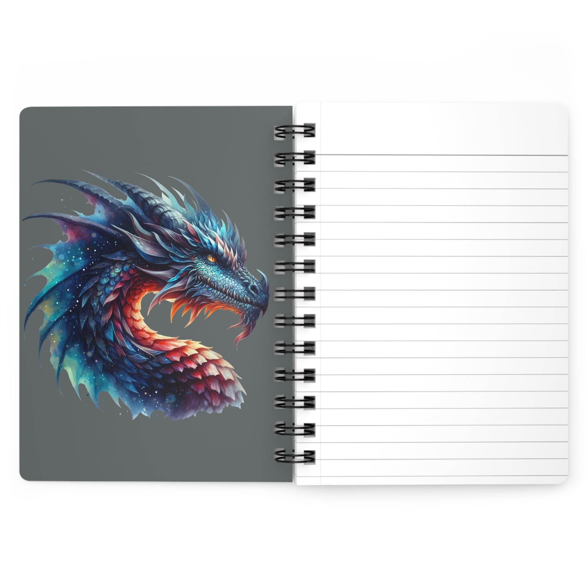 Sustainable spiral bound journal with colorful dragon design on the cover and lined pages inside