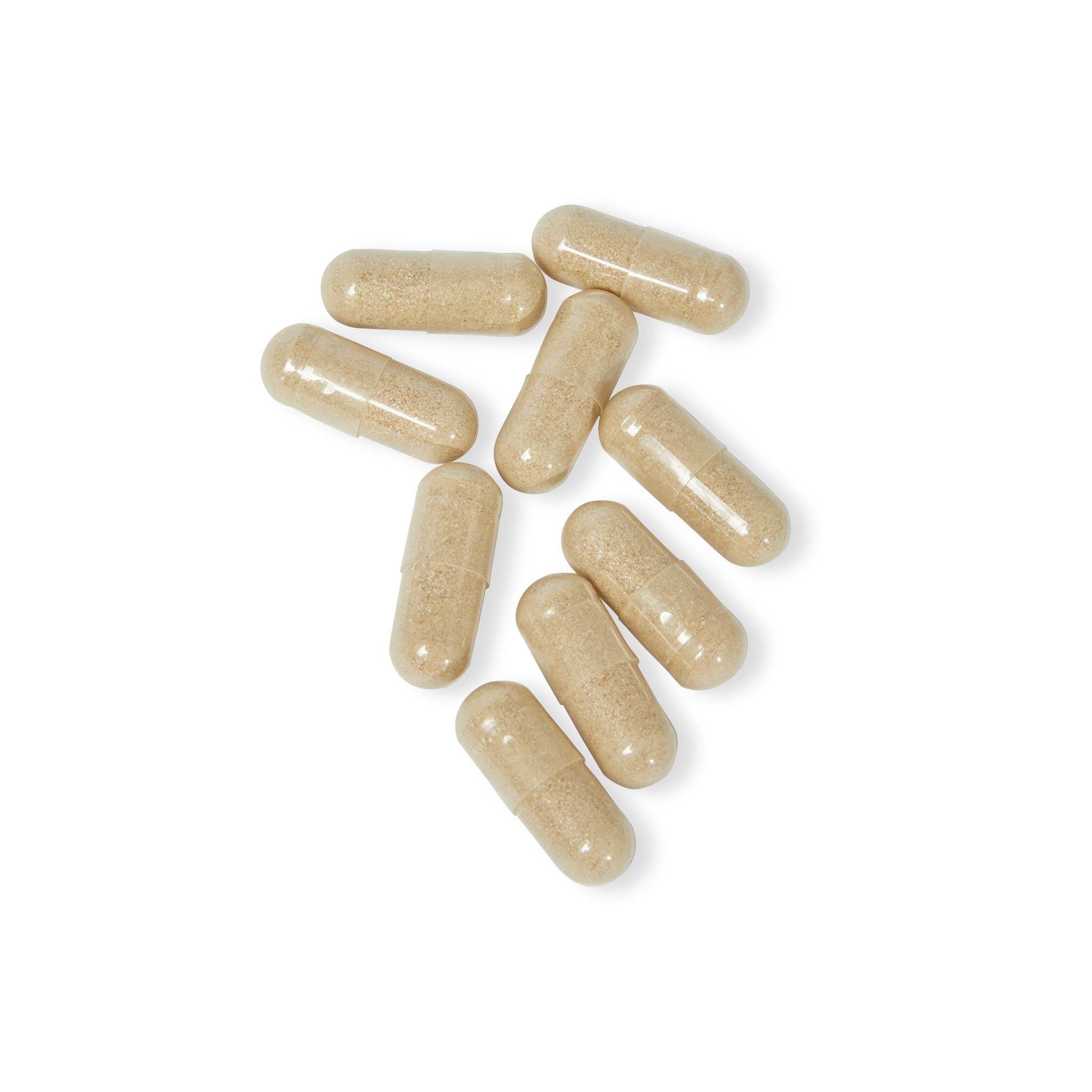 Clear capsules filled with natural sleep supplement powder by Printify on white background