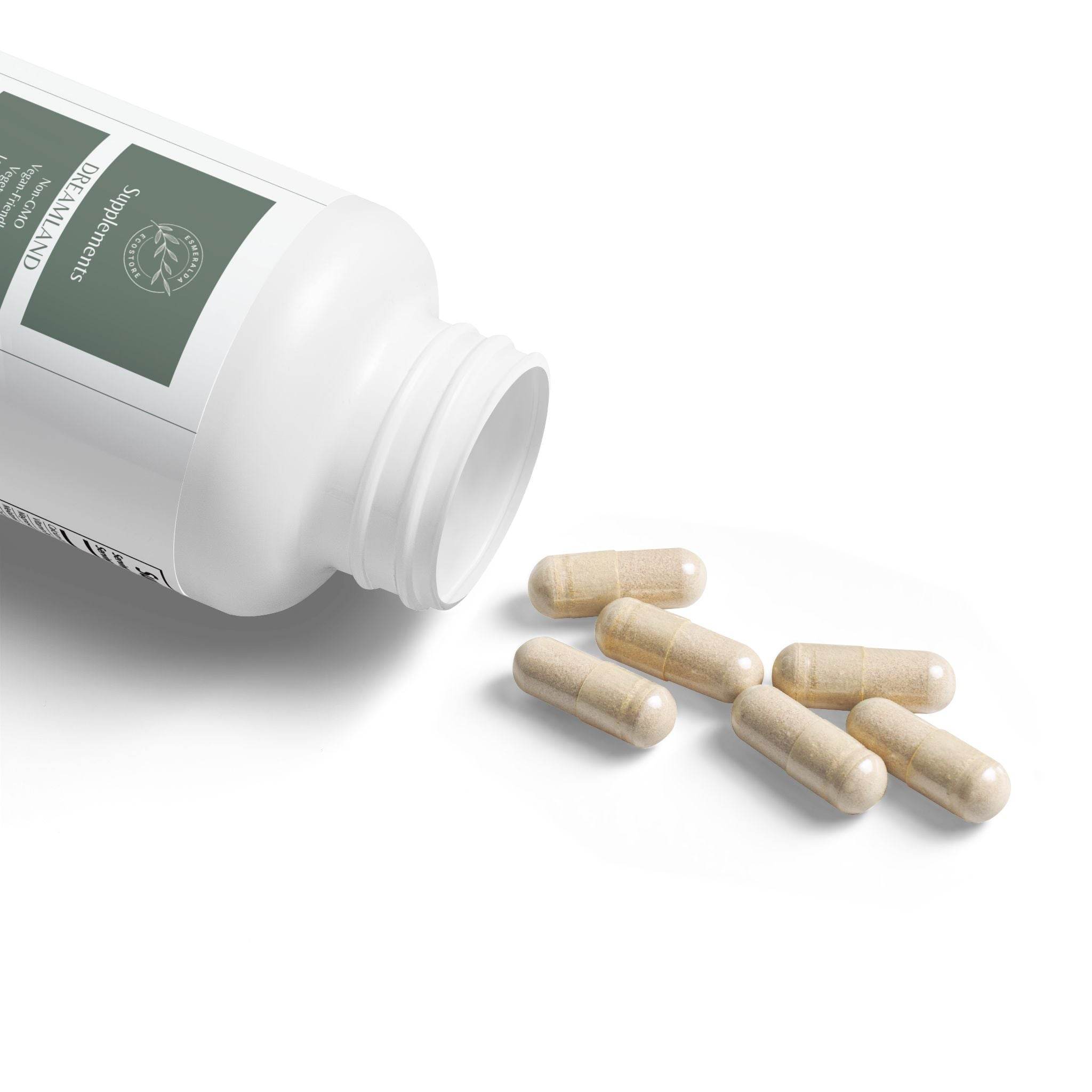 White bottle of natural sleep supplement with beige capsules spilled on white surface