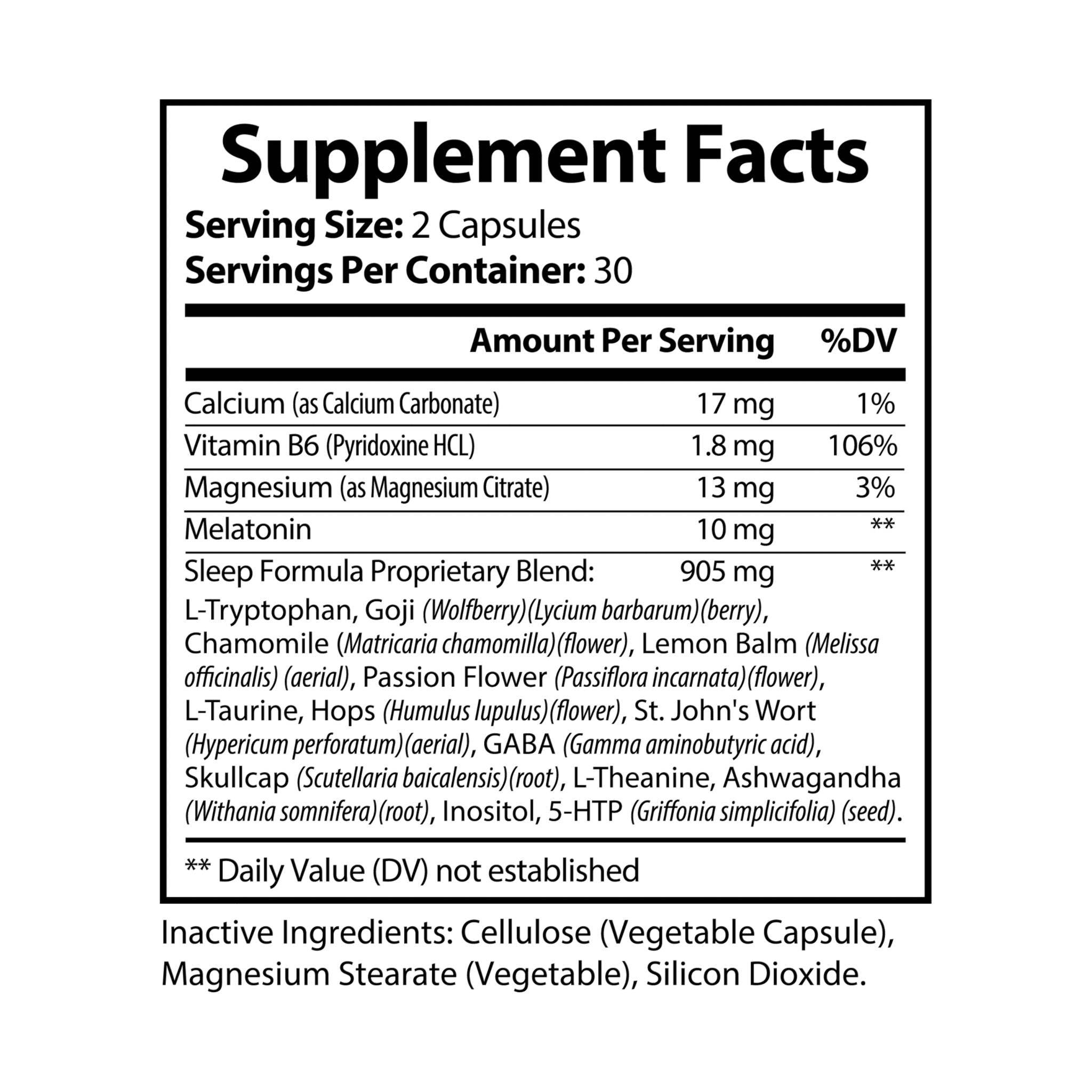 Supplement facts label for Printify natural sleep supplement with melatonin and herbal blend ingredients