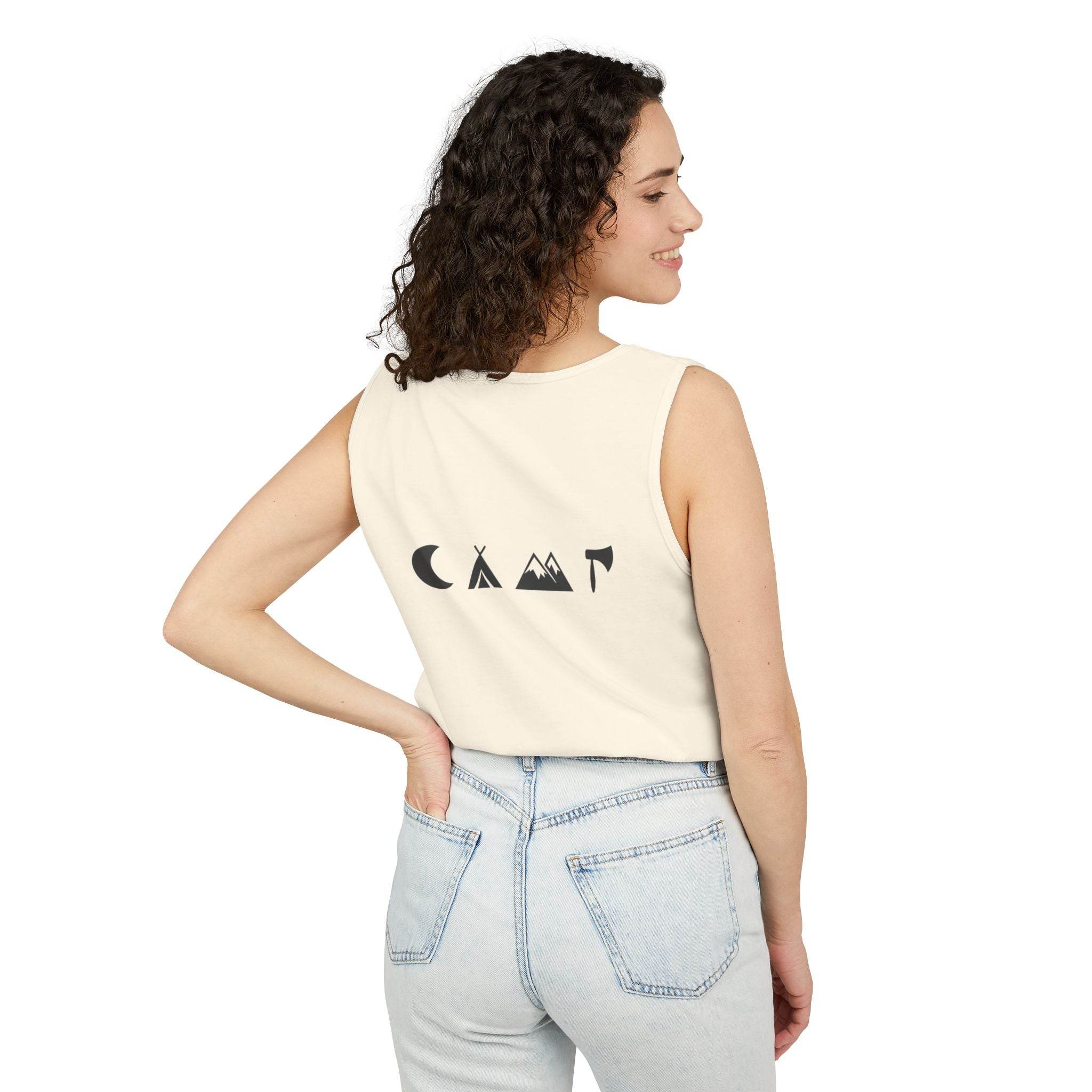 Printify eco-friendly unisex tank top cream back view with minimalist black camping graphic on model